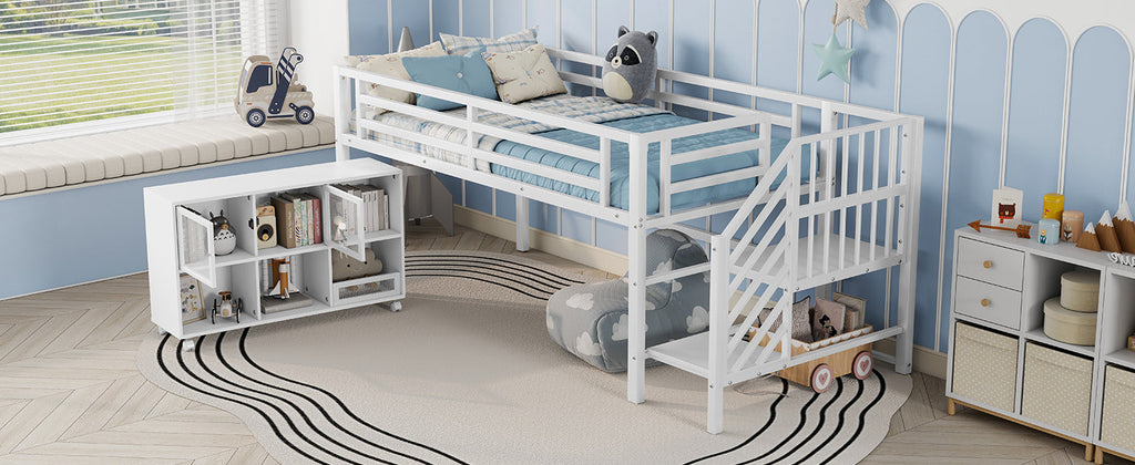 Twin Metal Loft Bed with Storage Cubby, Low Metal Loft Bed with Stairs for Kids, White, Expect Arrival Date 2025/11/10