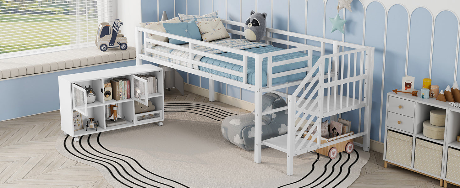 Twin Metal Loft Bed with Storage Cubby, Low Metal Loft Bed with Stairs for Kids, White, Expect Arrival Date 2025/11/10