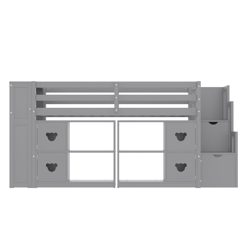 Kids Twin Loft Bed with Storage Cabinets, Staircase Drawers & LED Lights – Solid Wood Low Loft Bed with Shelves, Guardrails, and Fun Bear Handles – Space-Saving Design for Boys & Girls Bedroom