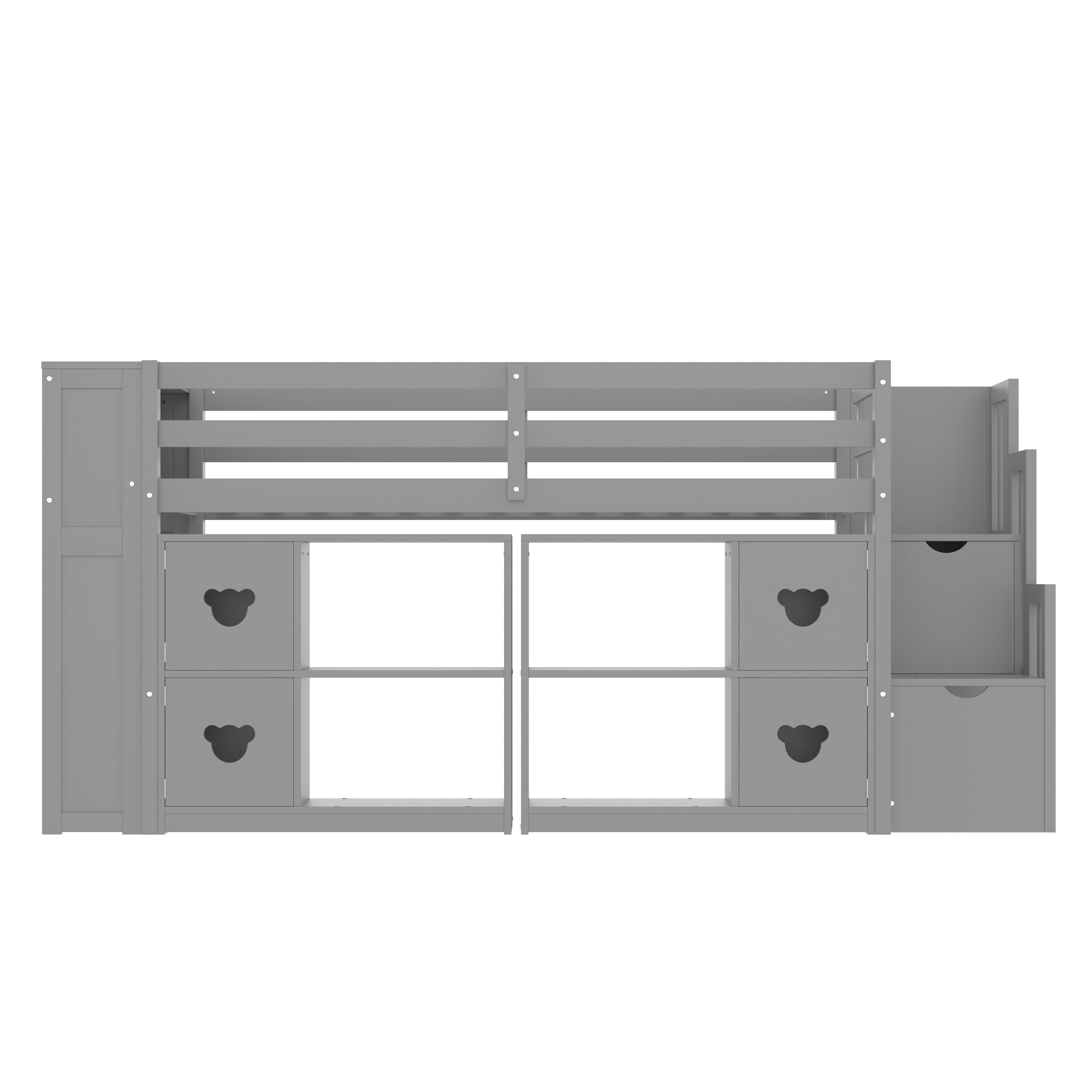 Kids Twin Loft Bed with Storage Cabinets, Staircase Drawers & LED Lights – Solid Wood Low Loft Bed with Shelves, Guardrails, and Fun Bear Handles – Space-Saving Design for Boys & Girls Bedroom