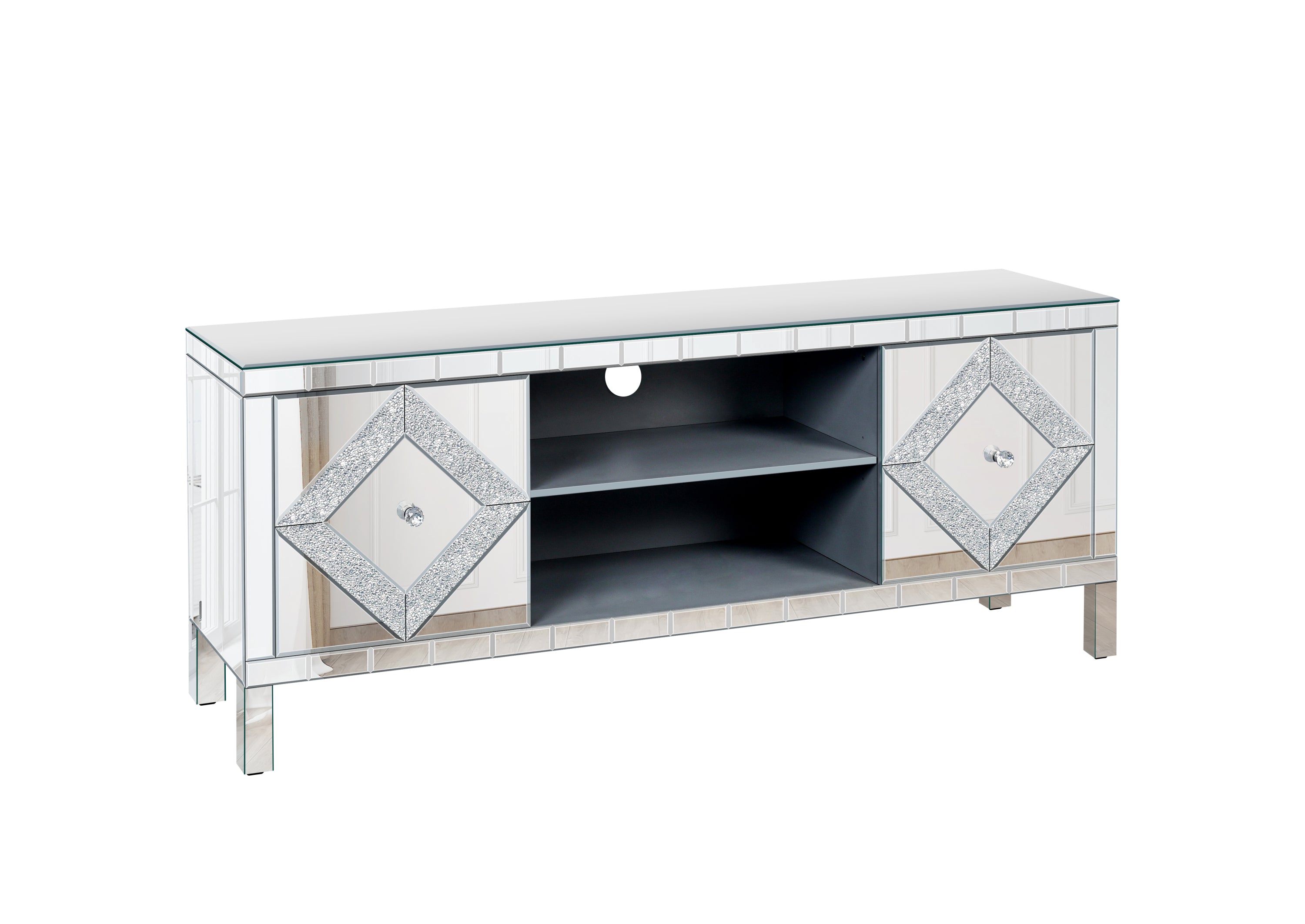 Mirrored TV Stand for 65+ inch TV,Sliver TV Console Table with Open Storage & 2 Storage Cabinets ,Diamond Shape Sparkling Mirror Doors for Living Room(59''W x 25.2''H x 15.7D)