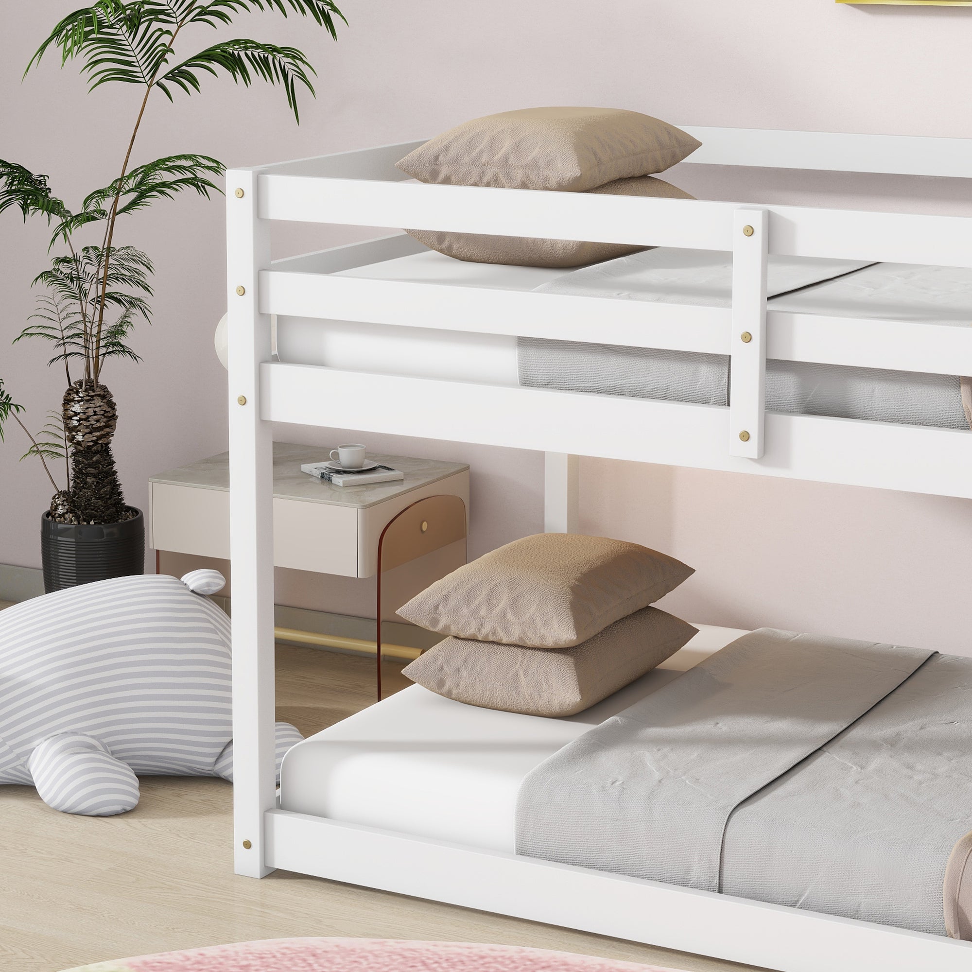 Solid Wooden, Solid Rubber Wooden Twin over Twin Floor Bunk Bed with Ladder, with Bed Platform of Strengthened Slats,White