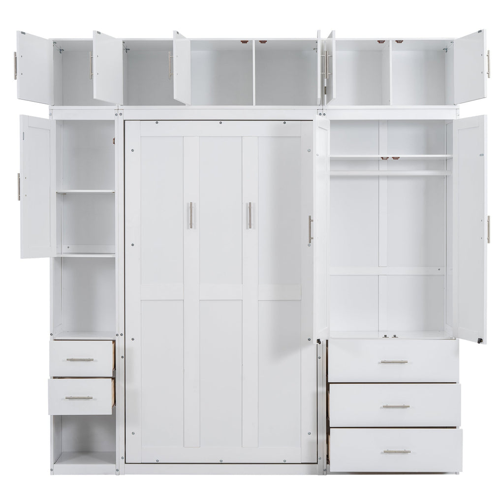 White Twin Size Murphy Bed with Lockers and Wardrobes, MDF+Pine, 93.2''L x 15.7''W x 99''H