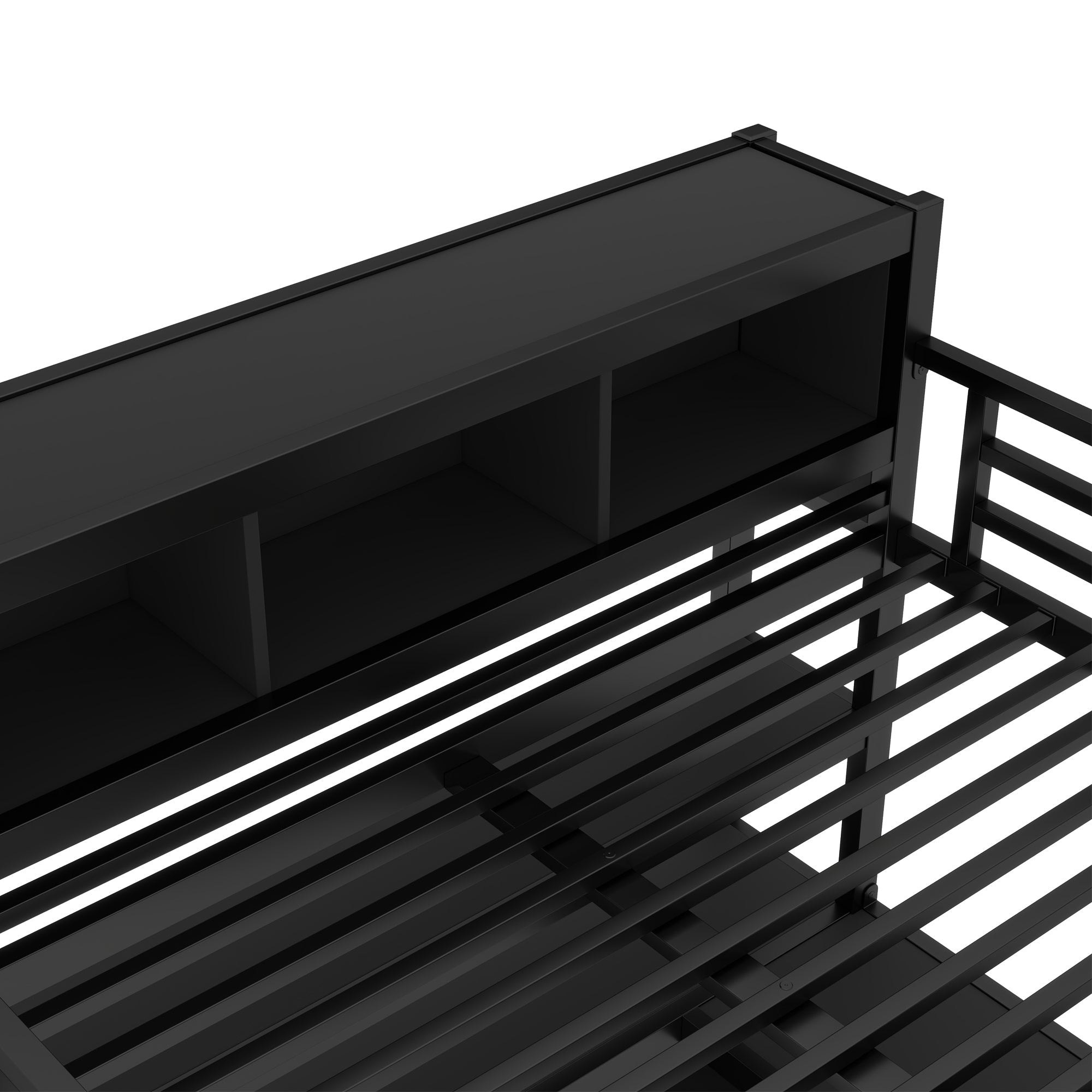 Metal Loft Bed with Wardrobe And L-shaped Desk, Queen Size Loft Bed with Storage Cubes and Shelves, Heavy Duty Loft Bed for Kids Teens Adults, Black