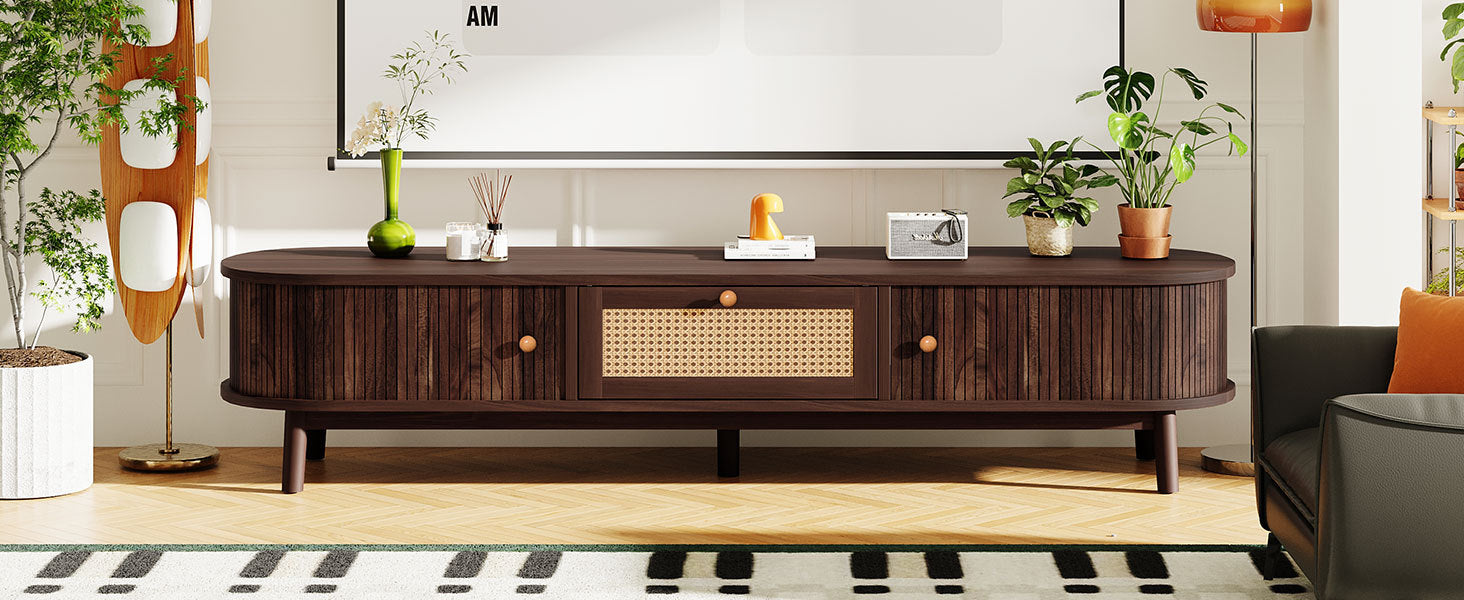 Modern Design TV Stand for 75' TVs, Media Console TV Cabinet with Rattan-Front Drawer for Living Room, 1 Drawer and 2 Sliding-Door Cabinets