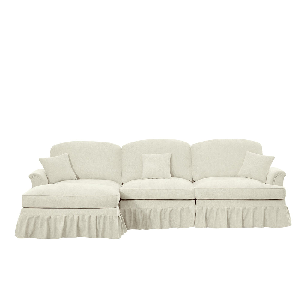 Mid Century Three Seater Modular L Shaped Sectional Couch with Flared Arms and Removable Ruffles Pleats Skirts and Spindle Legs, Comfy Chenille 3-Seat Deep Seat Sofa with Movable Ottoman, Beige White