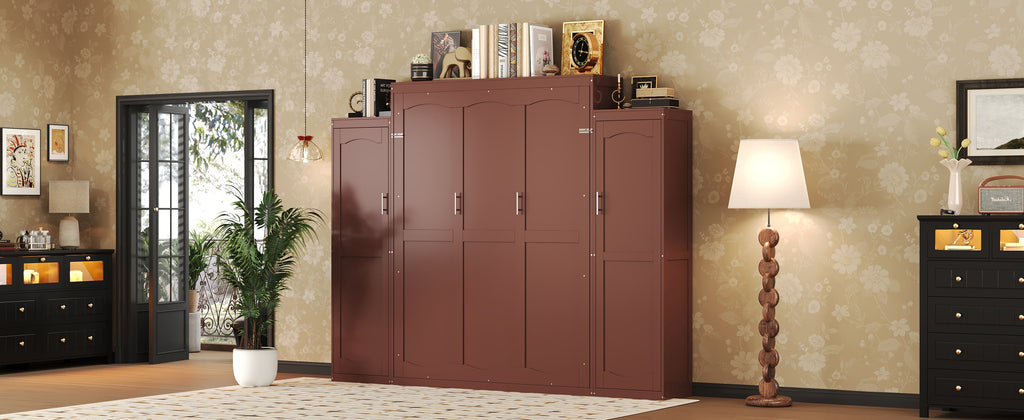 Queen Size Murphy Bed, Wooden Queen Wall Bed with 2 Wardrobe and Storage Shelf, Multifunctional Foldable Platform Bedframe for Guest-Room, Bedroom, Walnut