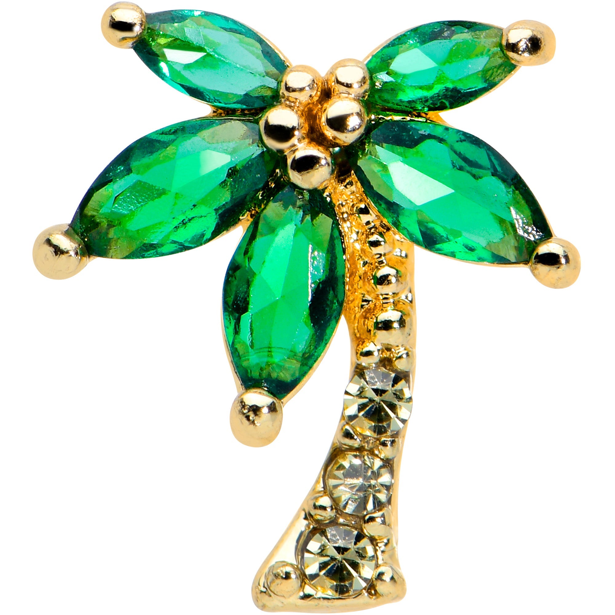 16G 1/4 Clear Green Gem Gold Tone Palm Tree Cartilage Tragus
