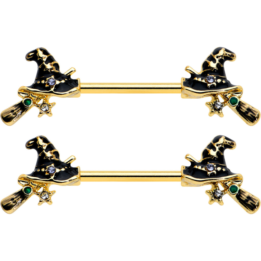 14G 9/16 Clear Gem Gold Tone Witch Hat Broom Nipple Ring Set