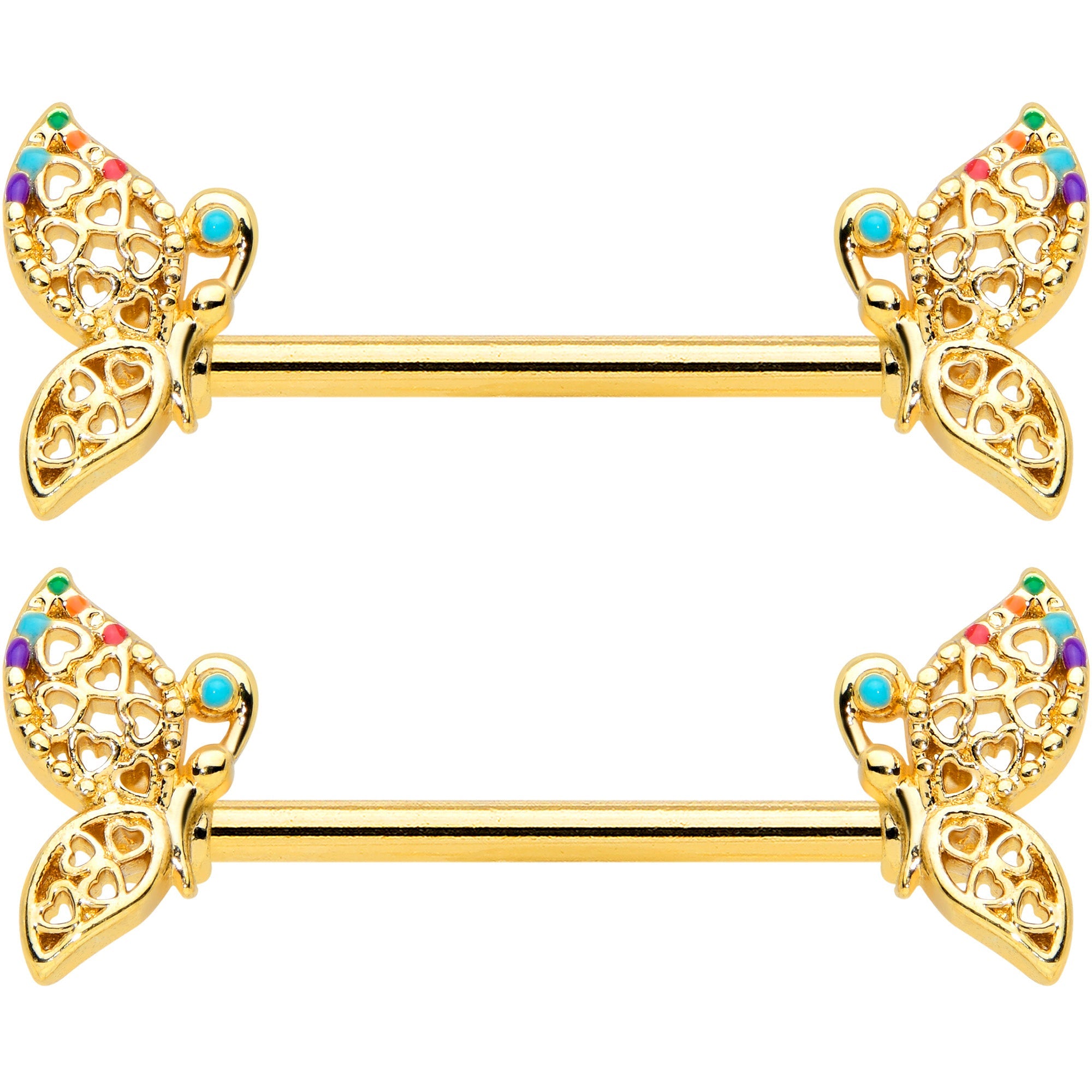 14G 9/16 Clear CZ Gem Gold Tone Heart Butterfly Nipple Ring Set