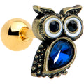 16G 1/4 Blue Gem Gold Tone Wide Eyed Owl Cartilage Tragus Earring