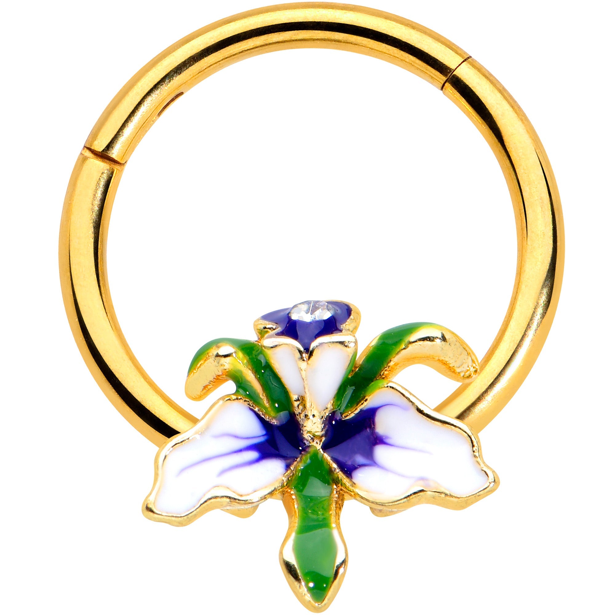 16G 3/8 Clear Gem Gold Tone Iris Flower Hinged Segment Ring