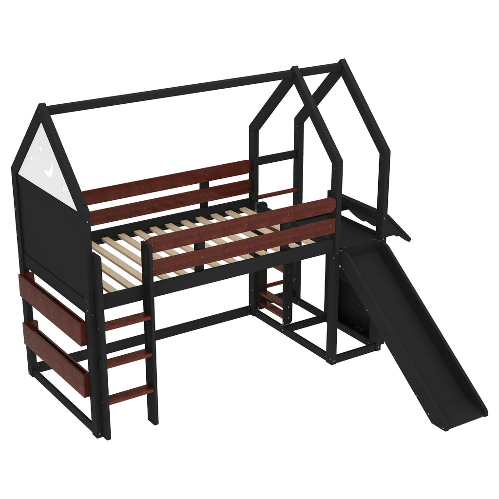 Twin Size Loft Bed with Bookshelf Playful Design for Kids House-Shaped Structure with Slide High-Quality Safety Rails,Beige/Natural /Black