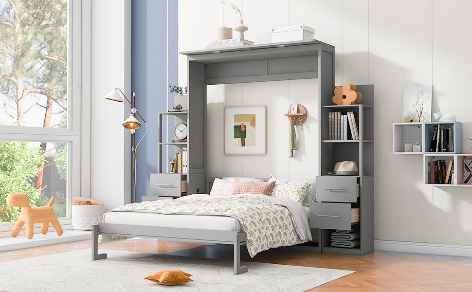 Queen Size Murphy Bed Wall Bed with Shelves, Drawers and Lights,Gray(OLD SKU:LP000566AAE-1)