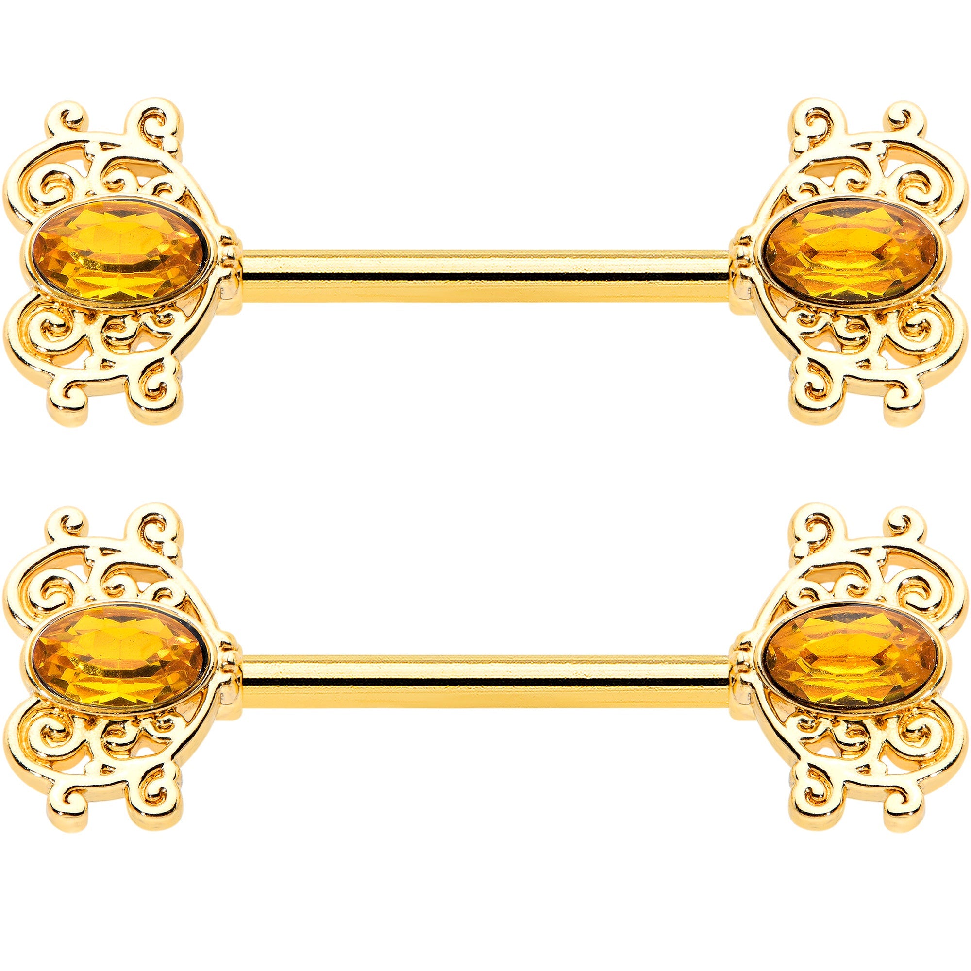 14G 9/16 Yellow Gem Gold Hue Duet Scroll Barbell Nipple Ring Set