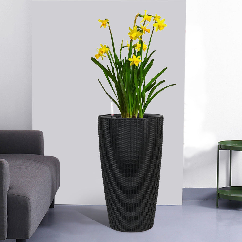 Faux Rattan Tall Planters Set with Water Level Monitor and Auto Watering, Black, Polypropylene, 22 Inch