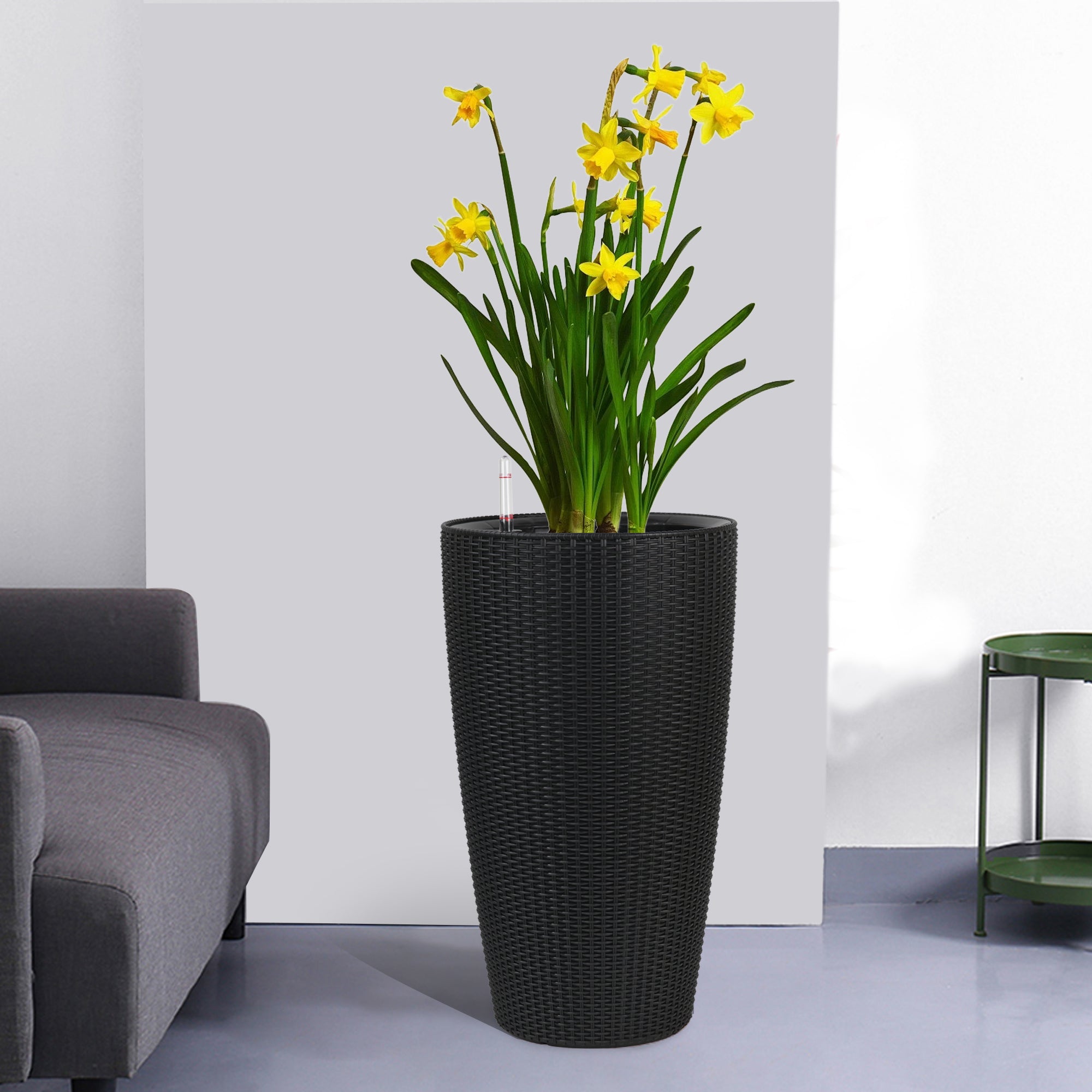 Faux Rattan Tall Planters Set with Water Level Monitor and Auto Watering, Black, Polypropylene, 22 Inch