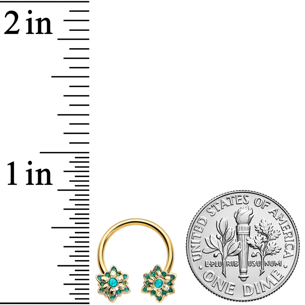 16G 3/8 Gold Tone Blue Orb Snowflake End Horseshoe Curved Barbell