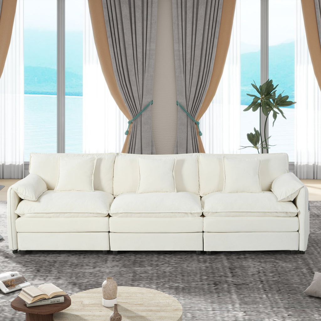 Oversized Deep Seat Sectional Sofa, Green Modern Chenille Cloud Couch, Large 3 Seater Modular Sofa with 3 Pillows for Living Room Bedroom Apartment Office,DIY Combination,Beige