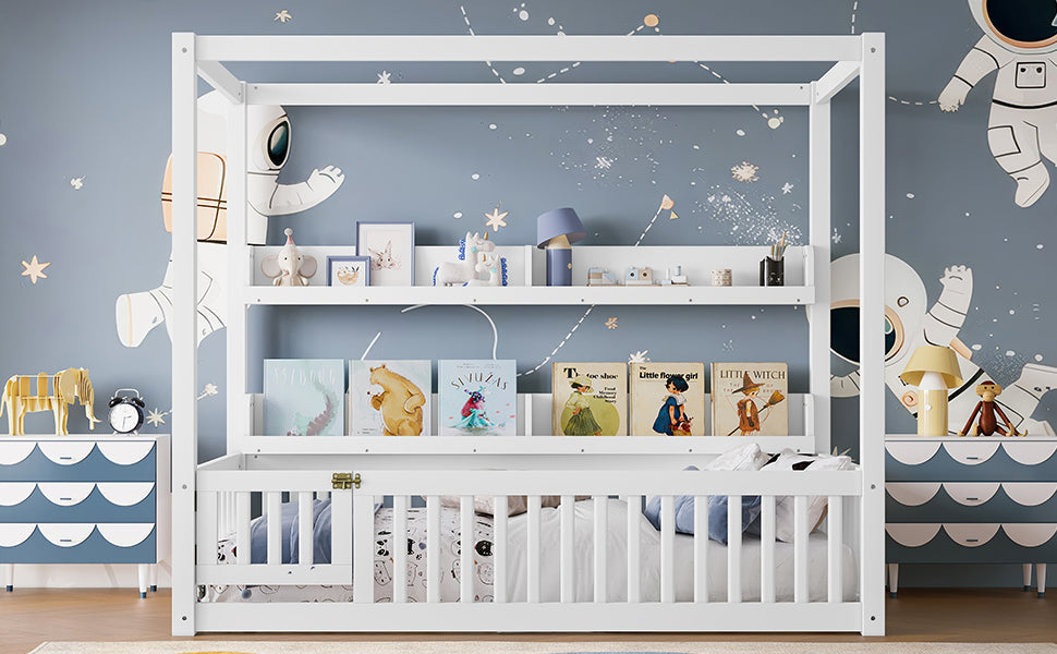 Twin Size Canopy Bed with Guardrails, Solid Wood Floor Bed with Shelves, Montessori Floor Bed Frame for Kids, Boys, Girls, No Spring Box Needed, White