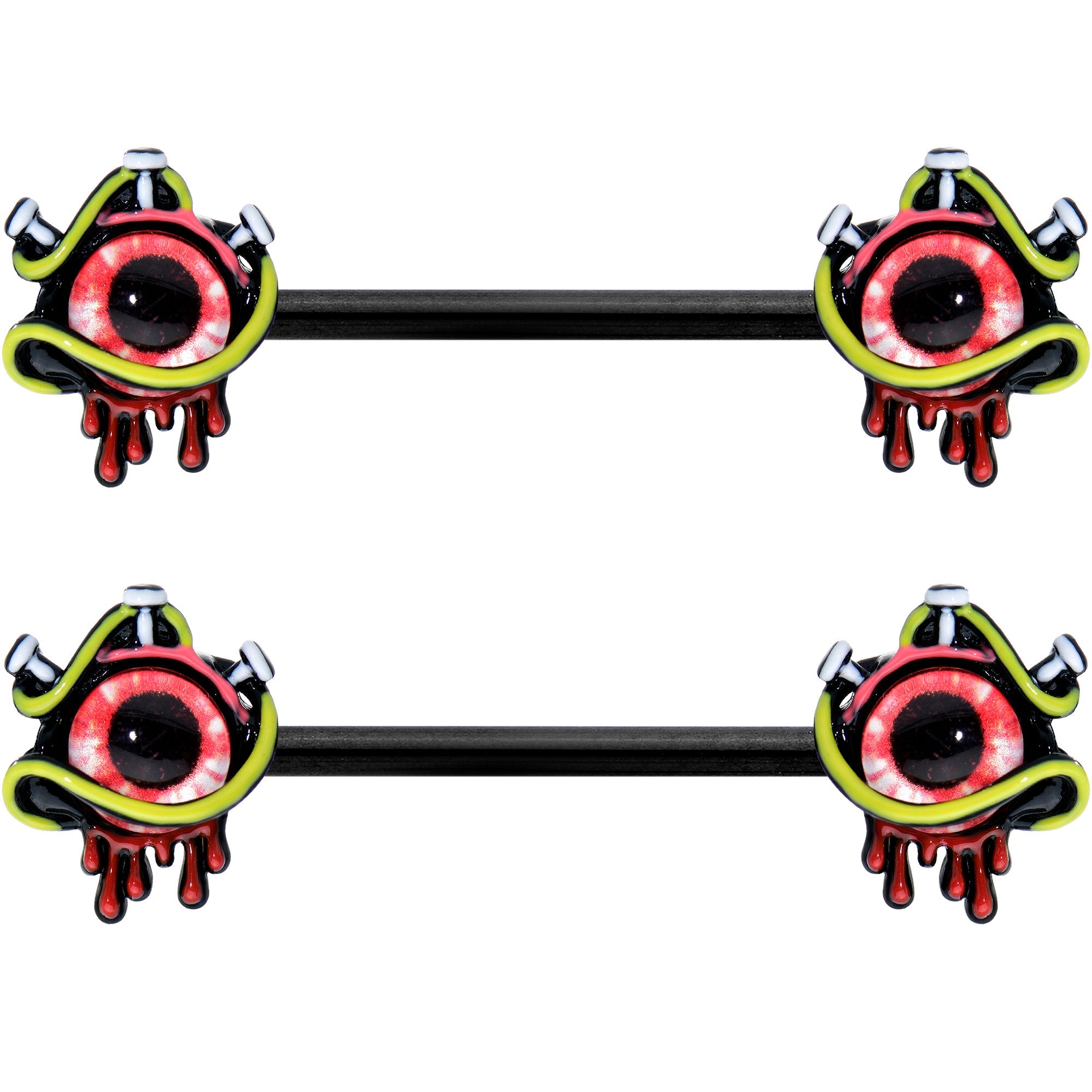 14G 9/16 Black Spiky Eyeball Halloween Barbell Nipple Ring Set