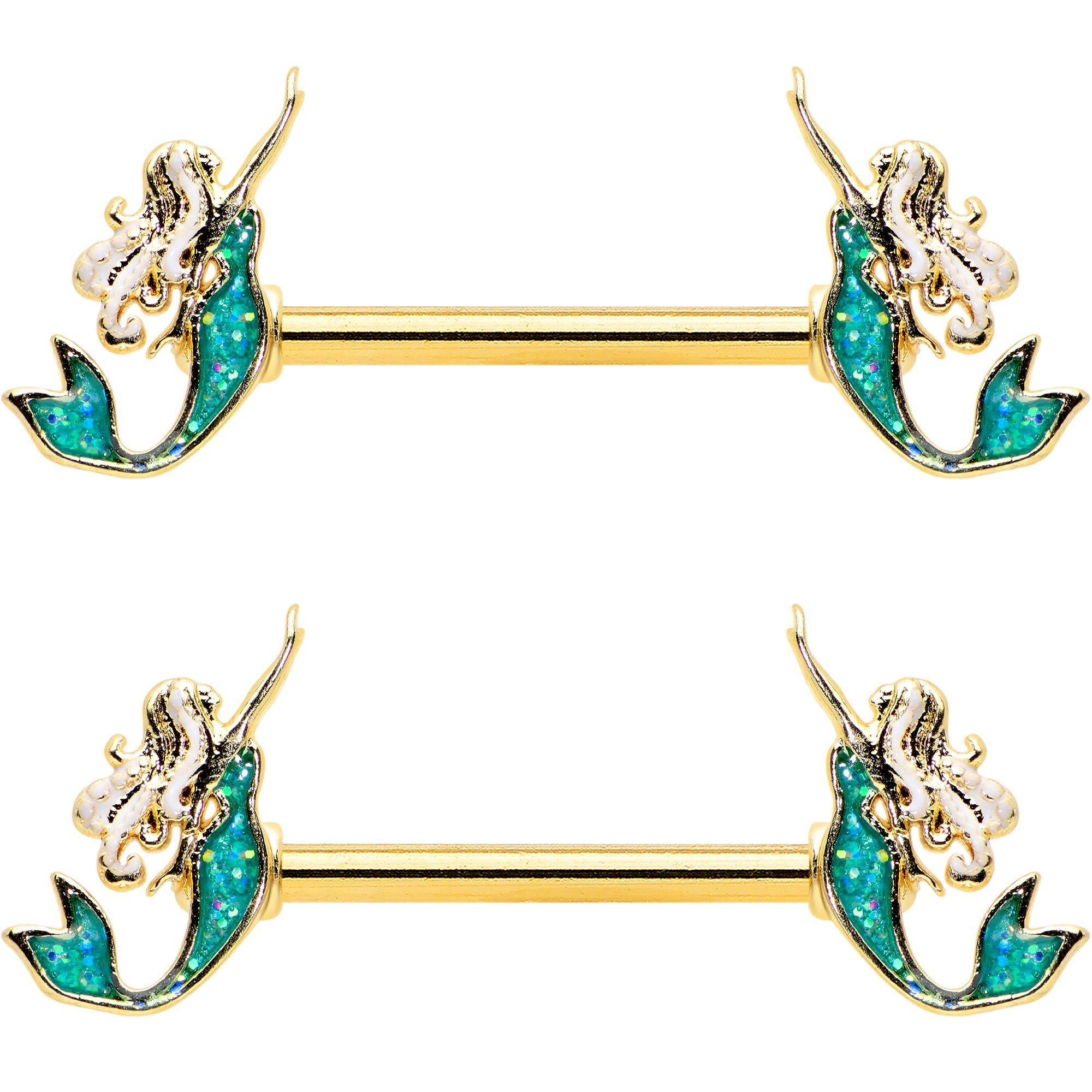 14G 9/16 Green Faux Opal Gold Tone Curvy Mermaid Nipple Ring Set