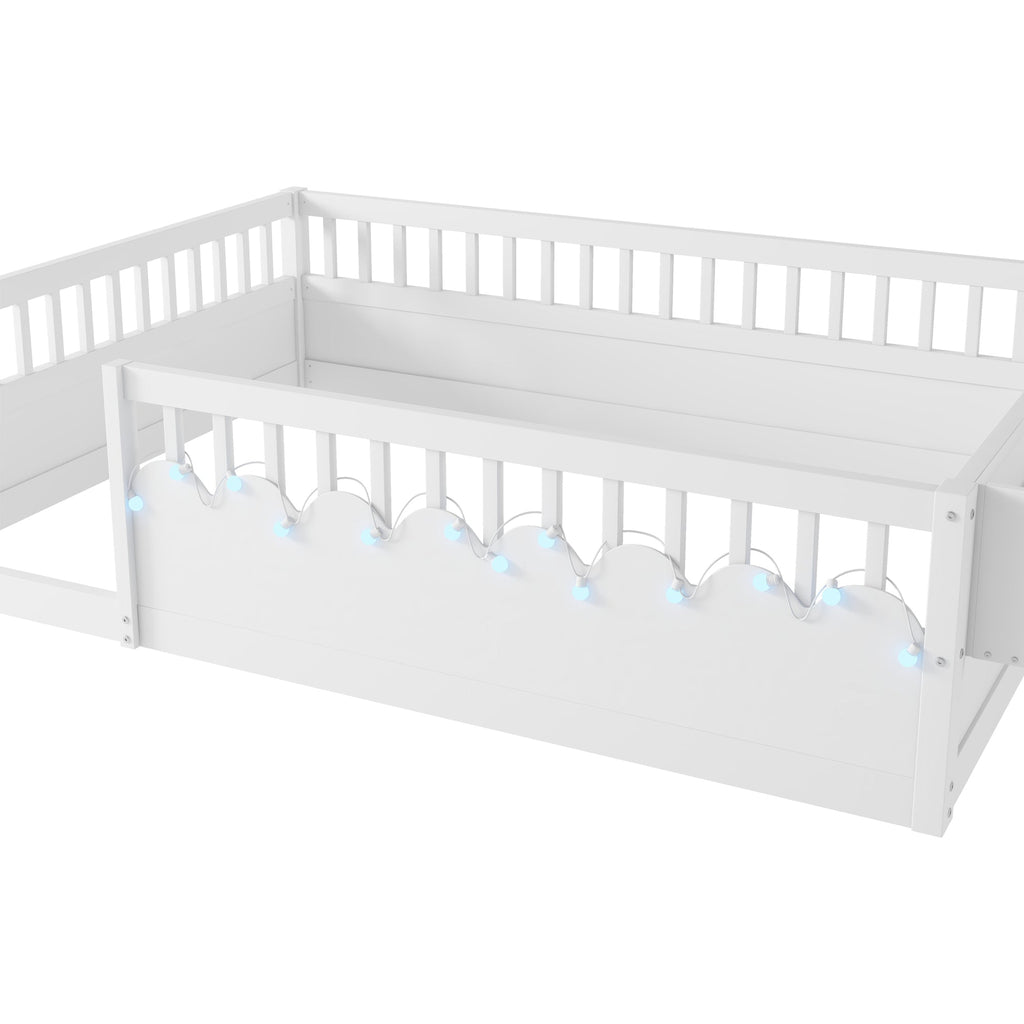 Full Montessori Floor Bed Frame with High Rails, Wood Kids Floor Beds with Light and Storage Shelf, White (Expect Arrival Date 2025/8/15)