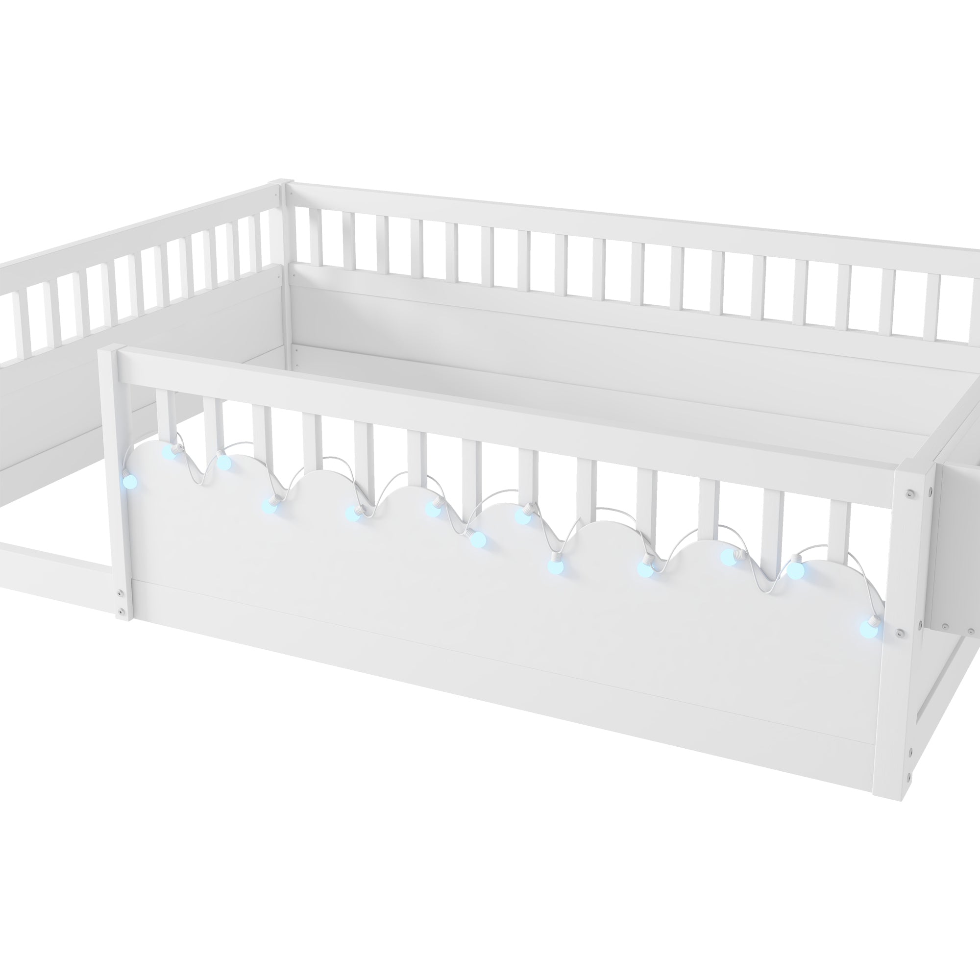 Full Montessori Floor Bed Frame with High Rails, Wood Kids Floor Beds with Light and Storage Shelf, White (Expect Arrival Date 2025/8/15)
