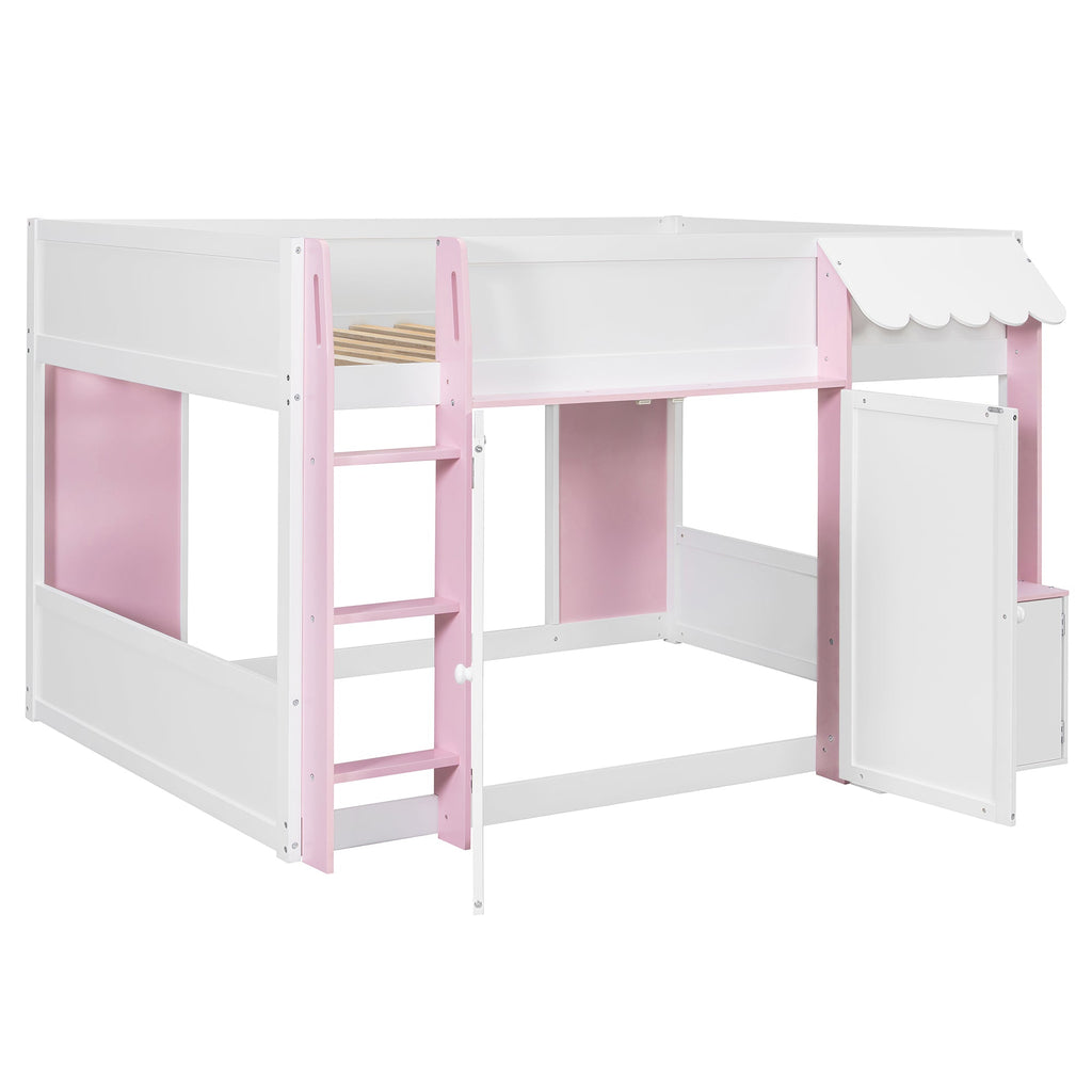 Full Loft House Bed with Playhouse & Storage, Modern Wood Cabin Bed for Kids/Teens, White+Pink