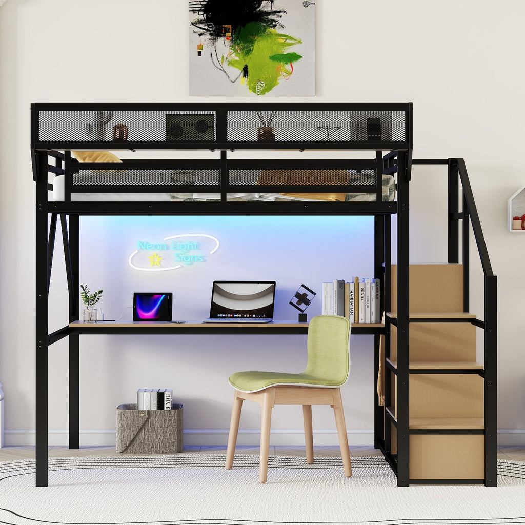 Full Loft Bed with Desk and Charging Station, Full Size Metal Loft Bed with Stairs and Light for Kids Teens, Black, Patent Products