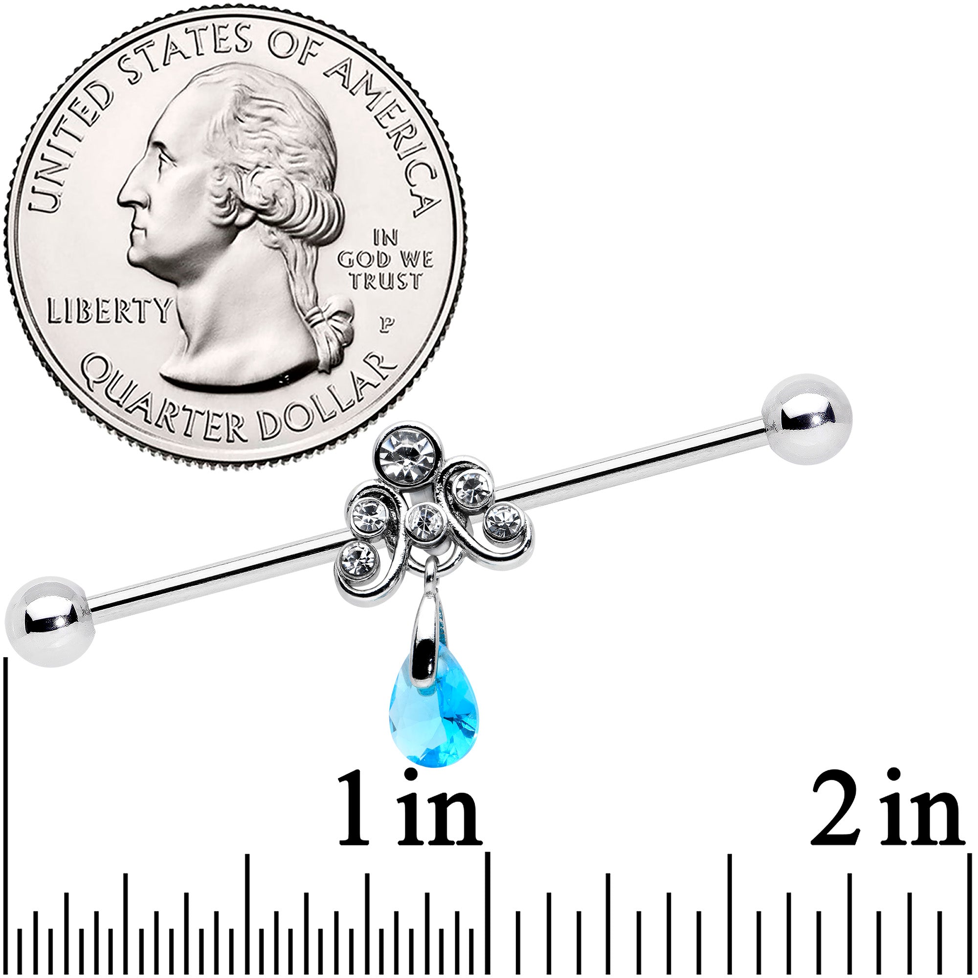 14G Blue Gem Scrolling Elegance Dangle Industrial Barbell 38mm