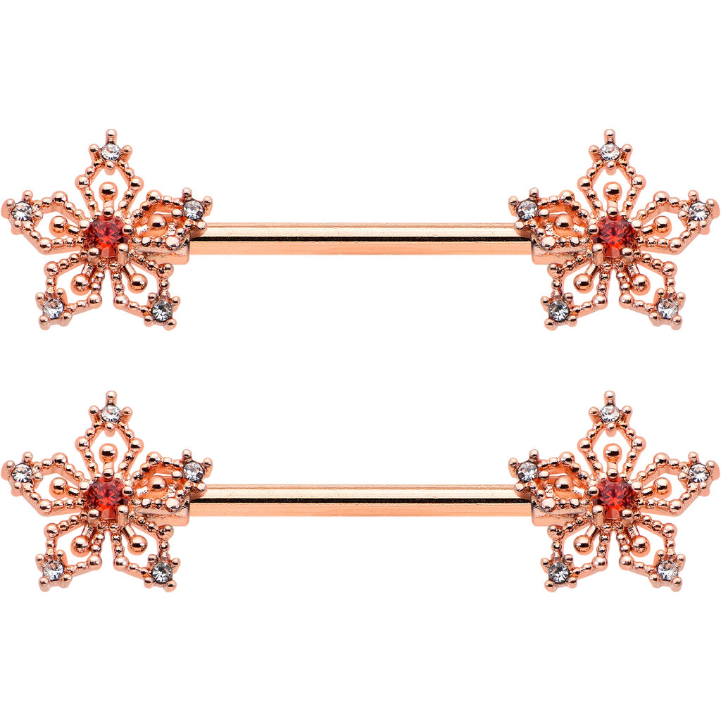 14G 9/16 Red Gem Rosy Hue Texture Snowflake Barbell Nipple Ring Set