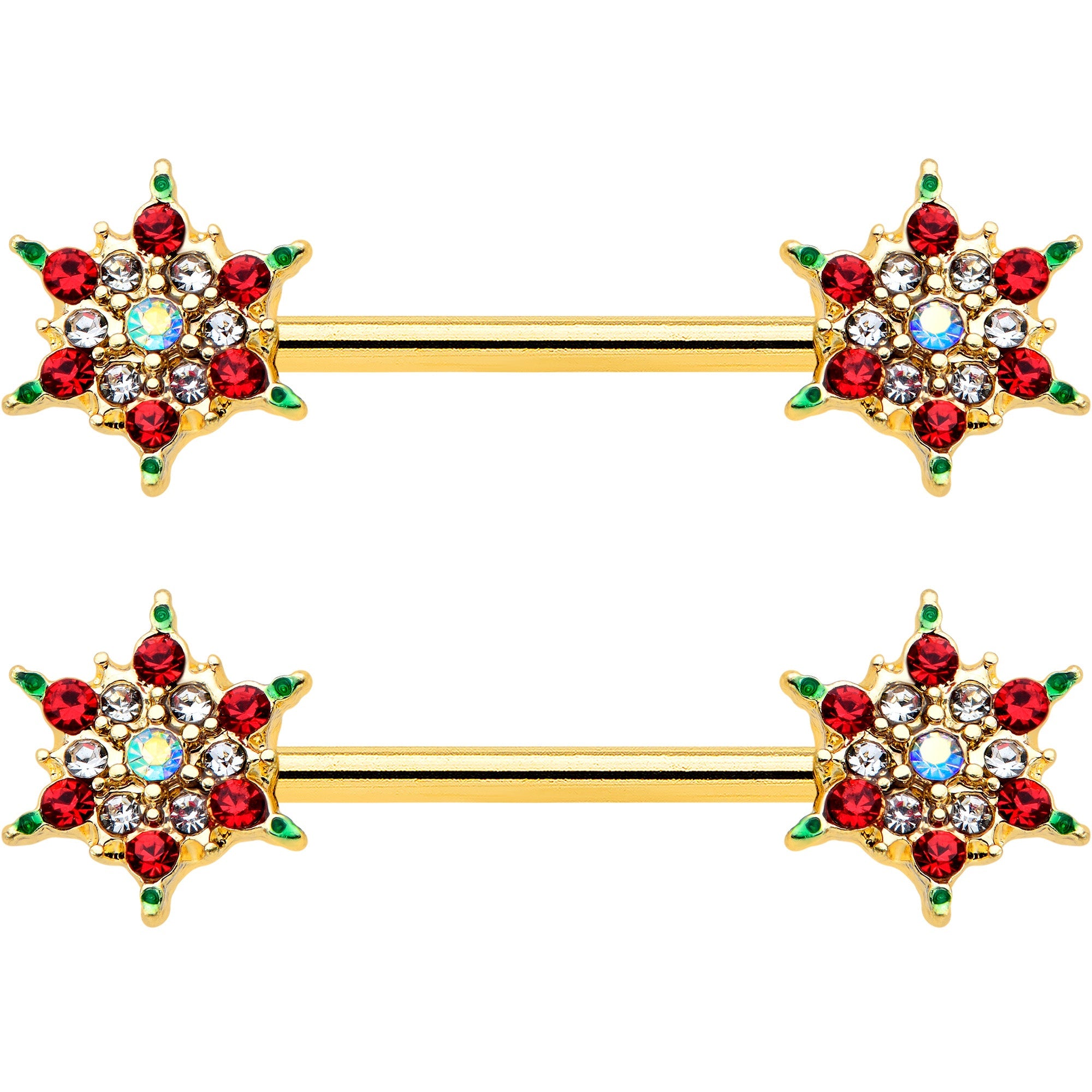 14G 9/16 Red Gem Gold Hue Bright Christmas Barbell Nipple Ring Set