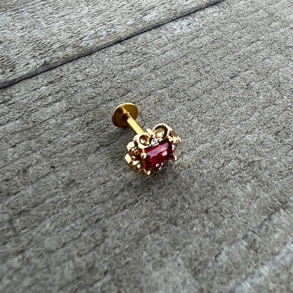 16G 1/4 Red Gem Gold Tone Regal Escutcheon Labret Monroe Tragus