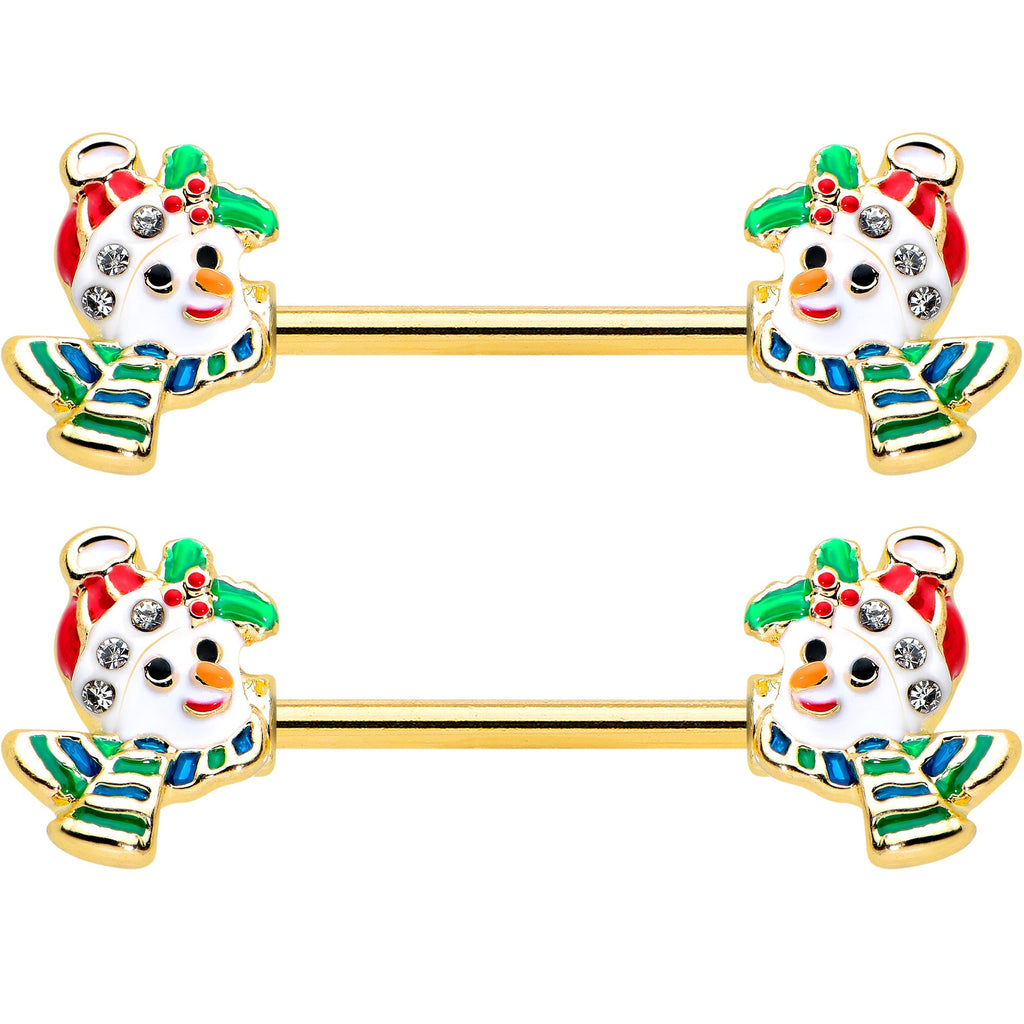 14G 9/16 Clear Gem Gold Tone Snowman Christmas Nipple Ring Set