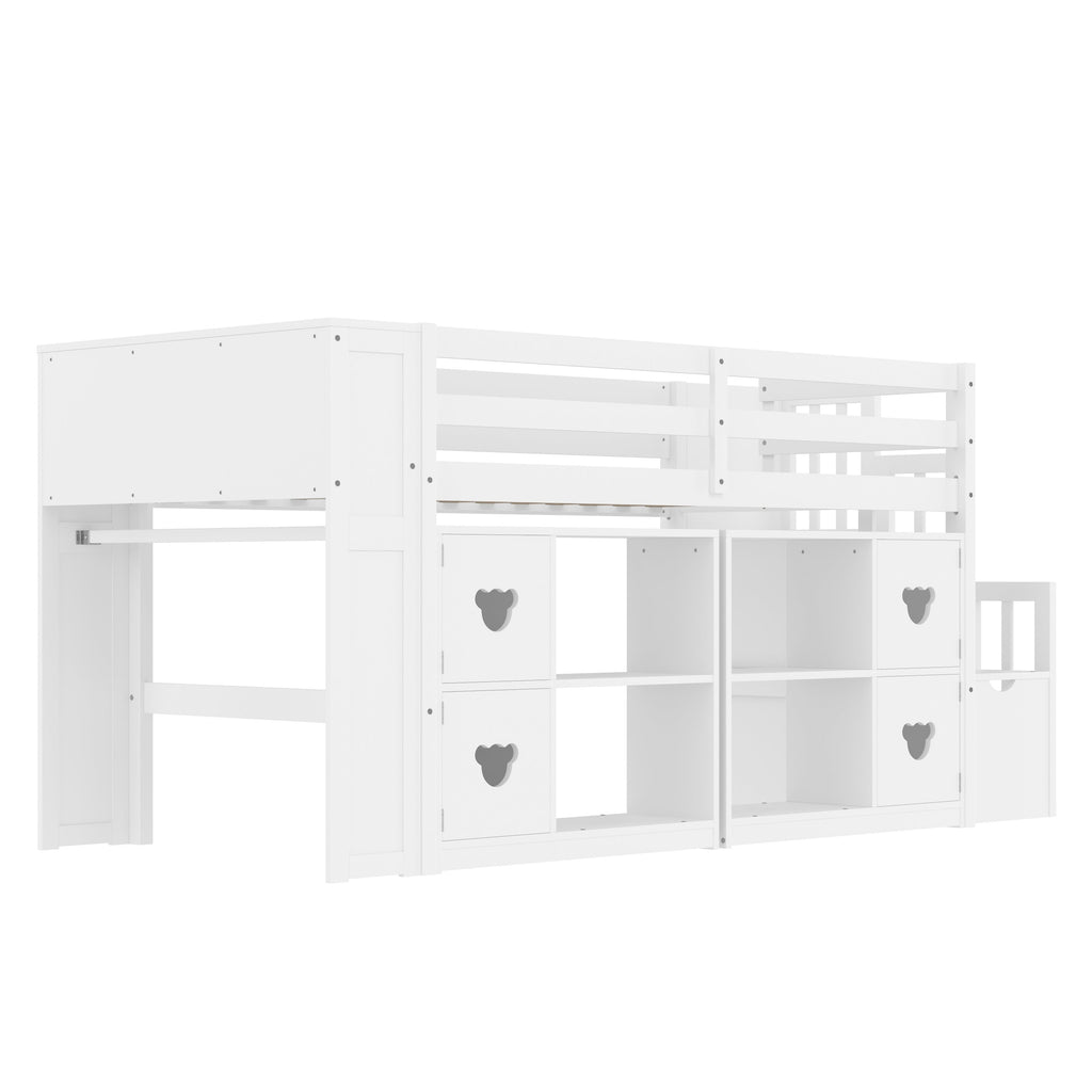 Kids Twin Loft Bed with Storage Cabinets, Staircase Drawers & LED Lights – Solid Wood Low Loft Bed with Shelves, Guardrails, and Fun Bear Handles – Space-Saving Design for Boys & Girls Bedroom (White)