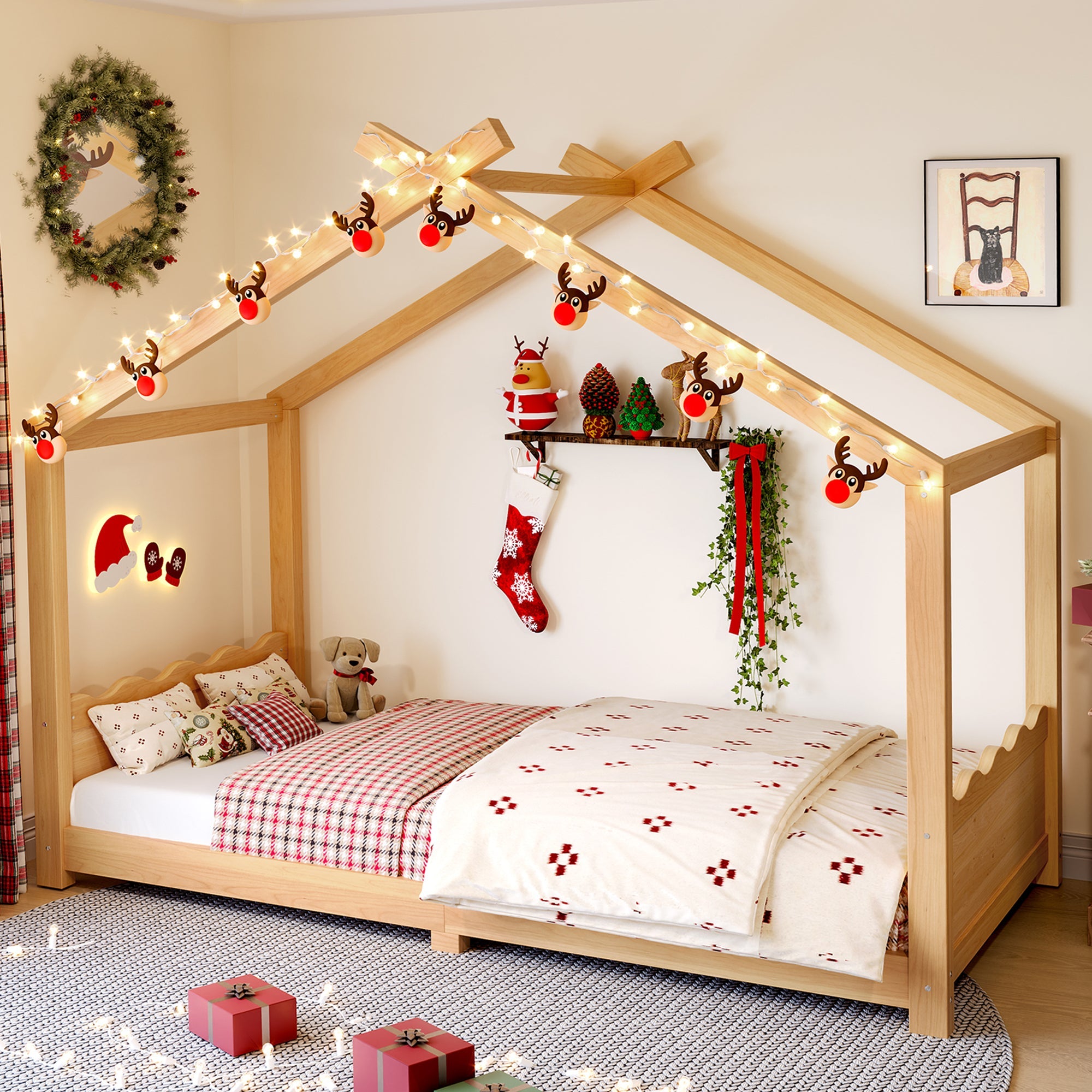 Twin House Floor Bed with Support Slats, Solid Wood House Bed Frame for Kids, No Box Spring Needed and Opening Constructure, Natural