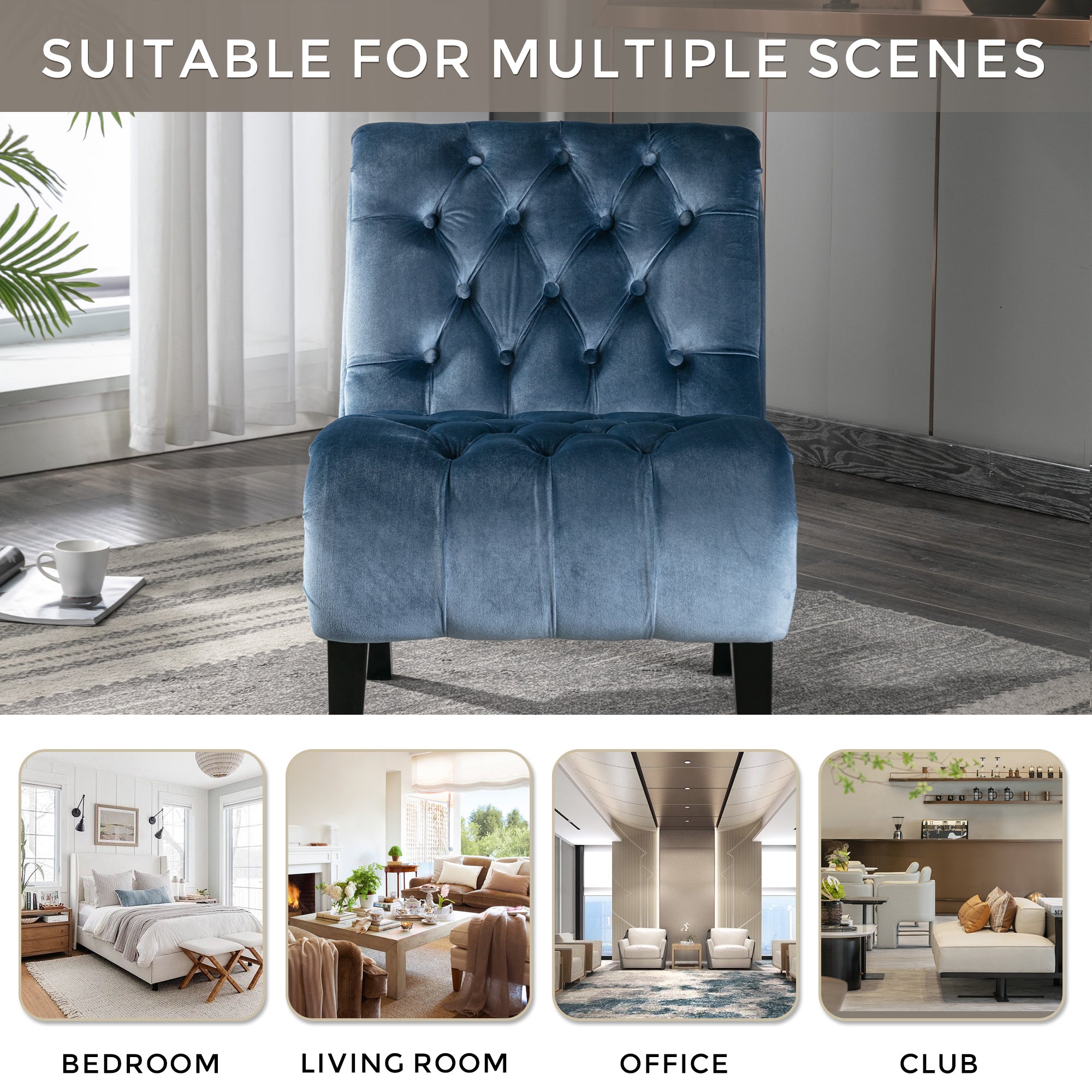 COOLMORE Modern Velvet Armless Accent Living Room Chair / Leisure Chair,Upholstered Fabric Button Comfortable Chair with Wooden Legs for Bedroom, Living Room, Office (Light Blue Velvet)