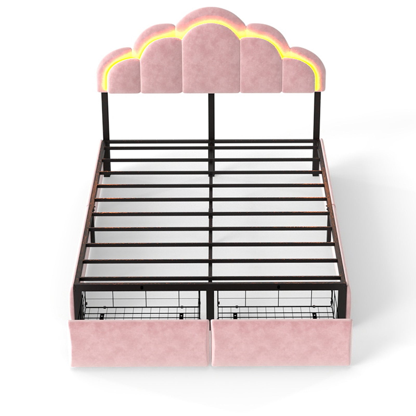 RGB LED Velvet Upholstered Platform Bed with Petal Headboard and Storage Drawers for Kids Bedroom in Pink, Wood+Metal Construction