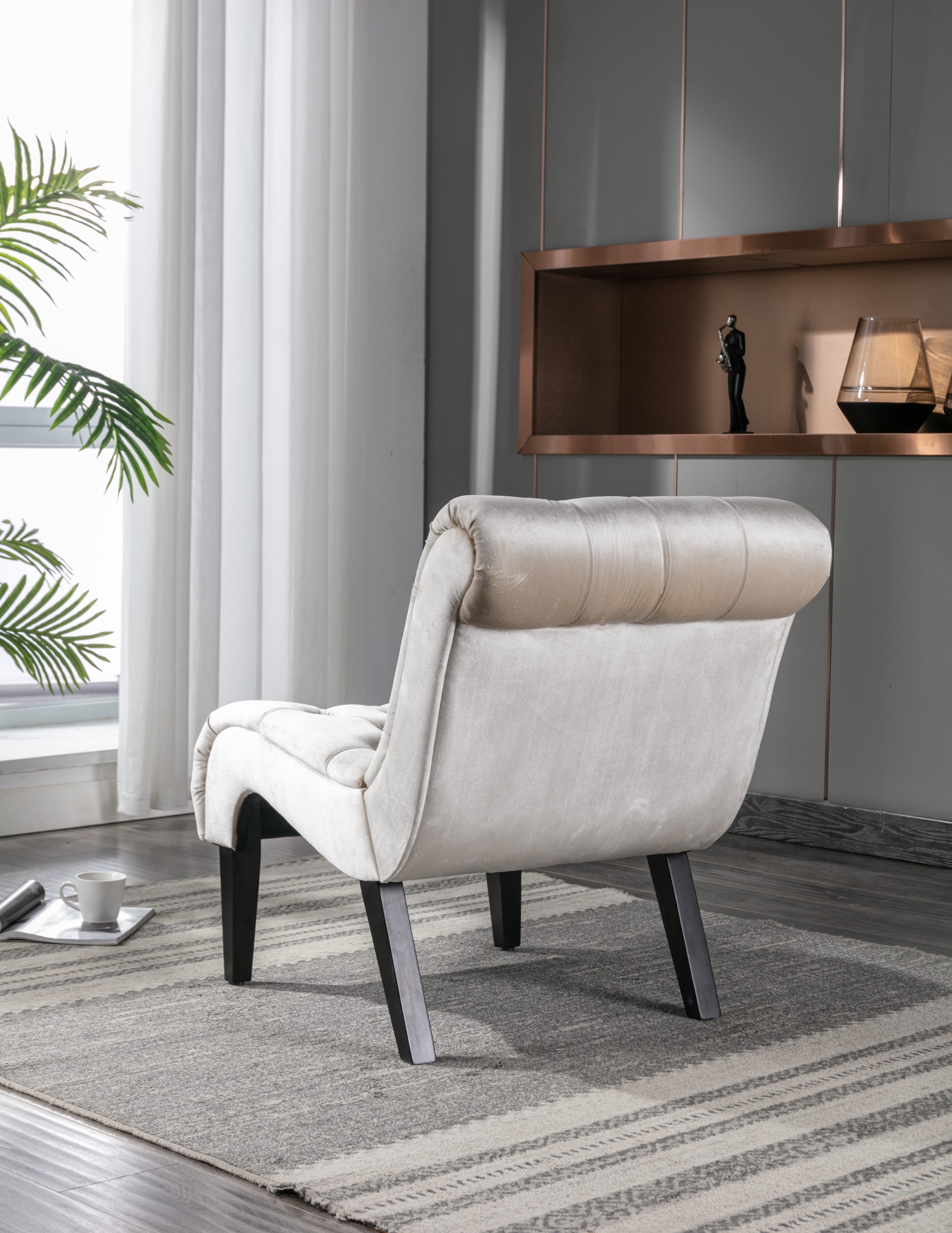 COOLMORE Modern Velvet Armless Accent Living Room Chair / Leisure Chair,Upholstered Fabric Button Comfortable Chair with Wooden Legs for Bedroom, Living Room, Office (Beige Velvet)