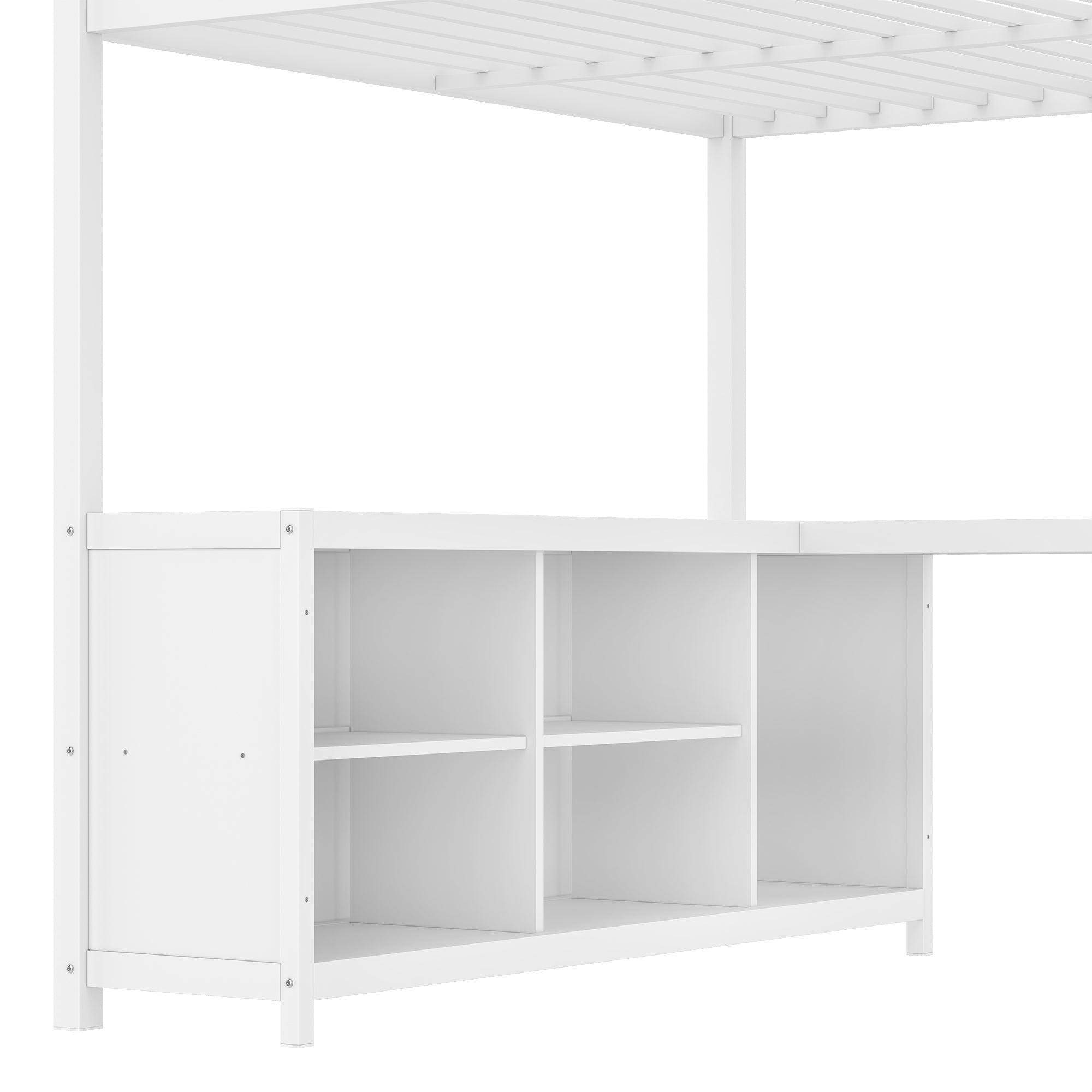 Metal Loft Bed with Wardrobe and L-shaped Desk, Queen Size Loft Bed with Storage Cubes and Shelves, Loft Bed for Kids Teens Adults, White