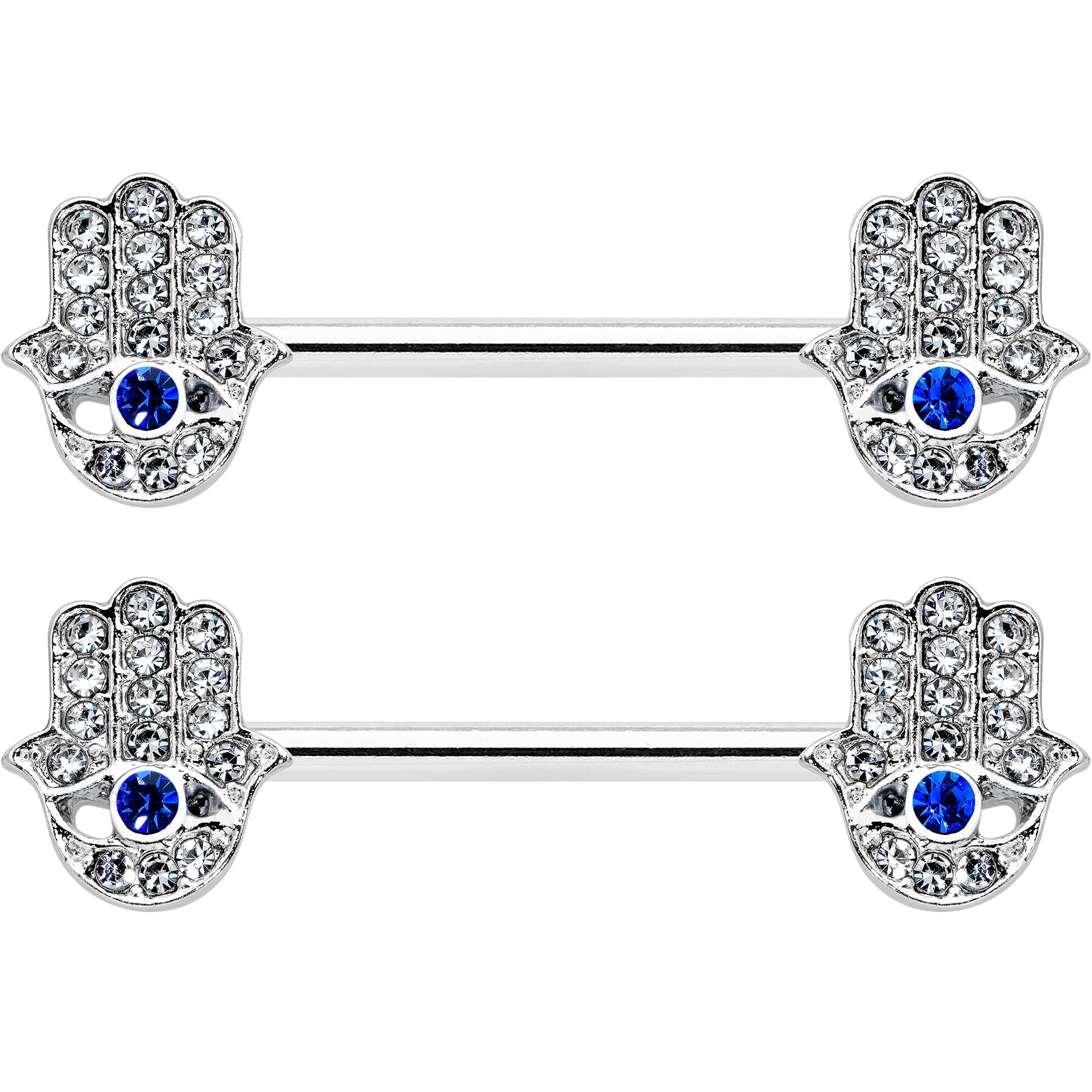14G 9/16 Clear Blue Gem Eye Hamsa Hand Barbell Nipple Ring Set