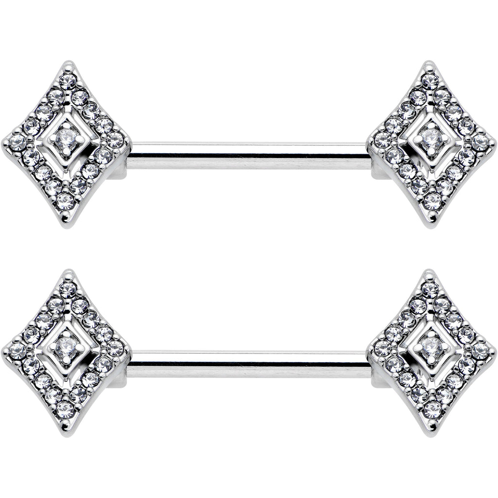 14G 9/16 Clear Gem Double Rhombus Deco Barbell Nipple Ring Set