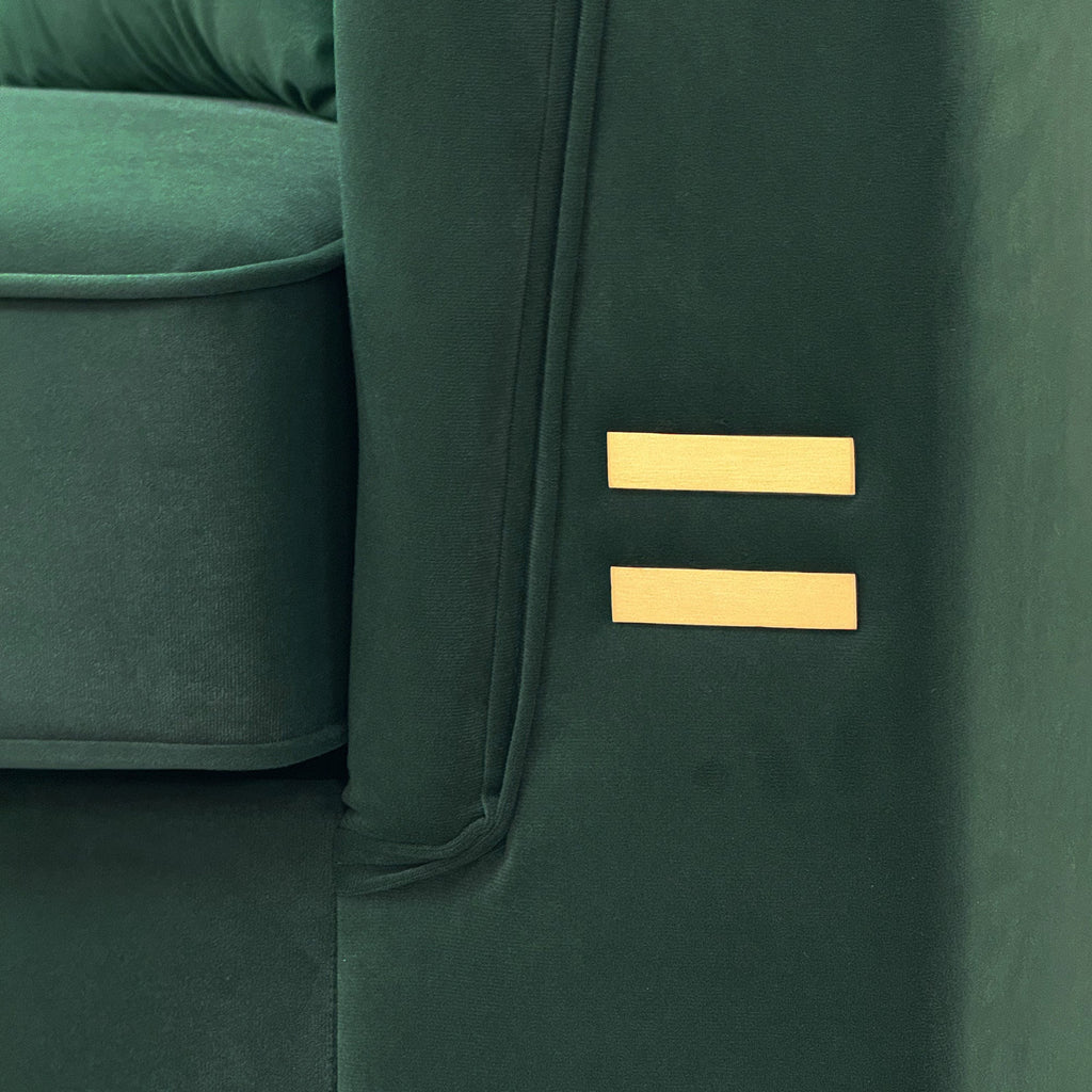 FX-P82-2PC SOFA -GR3  Green Velvet Sofa Set of 2, Two Modern 3-Seater Sofas with Plush Cushions & Gold-Tone Metal Legs  Stylish Living Room Couch Set for Homes, Apartments, and Guest Areas