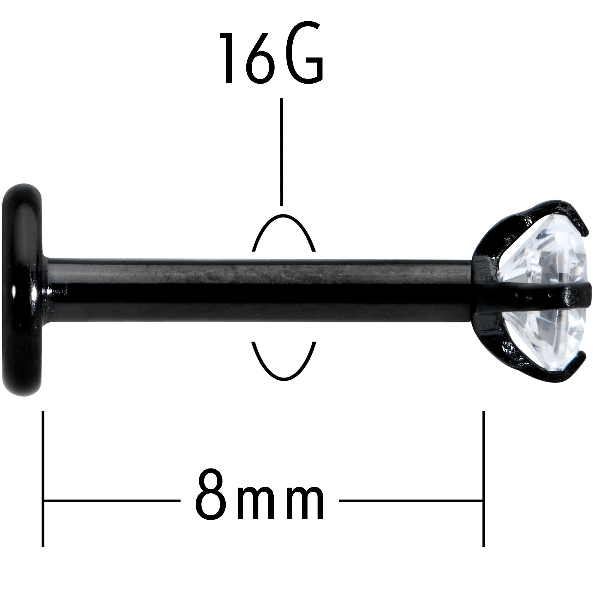 16G 5/16 Clear Gem Black Round End Internally Threaded Labret Tragus