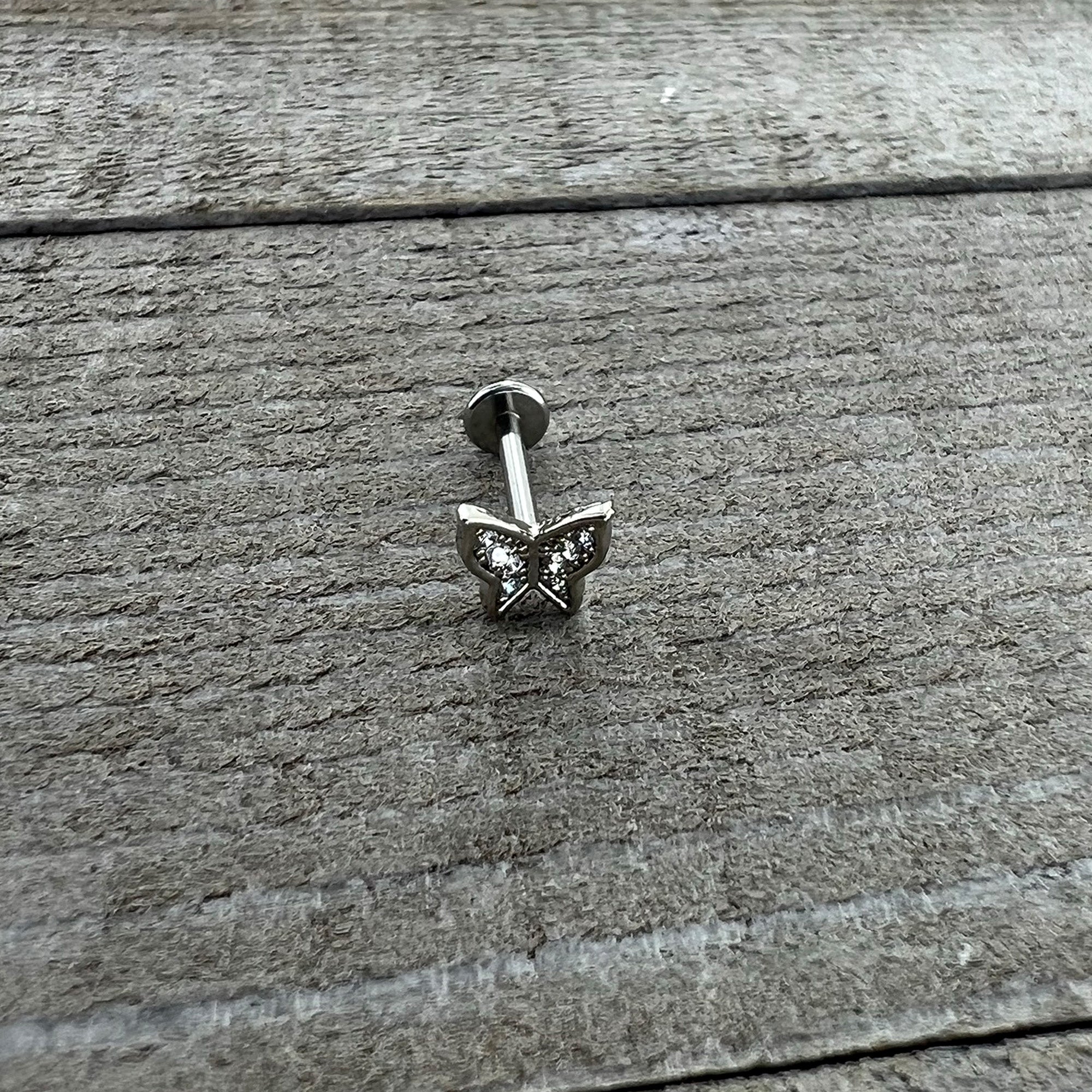 16G 5/16 Clear Gem Butterfly Internally Threaded Labret Tragus