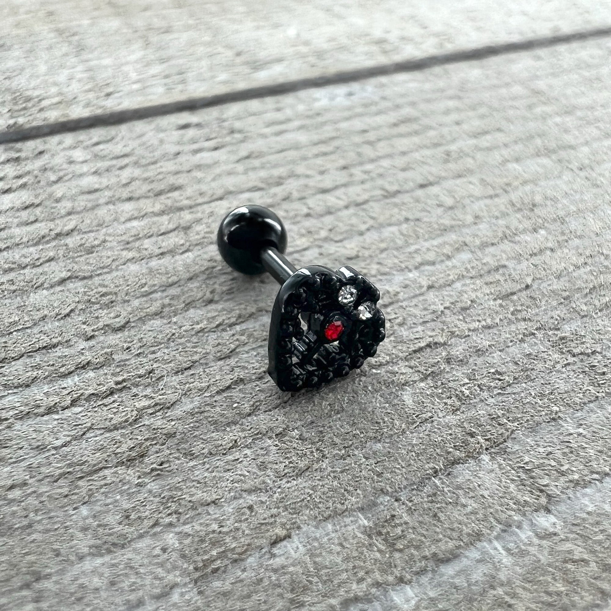16G 1/4 Red Gem Black Steampunk Skull Cartilage Tragus Earring