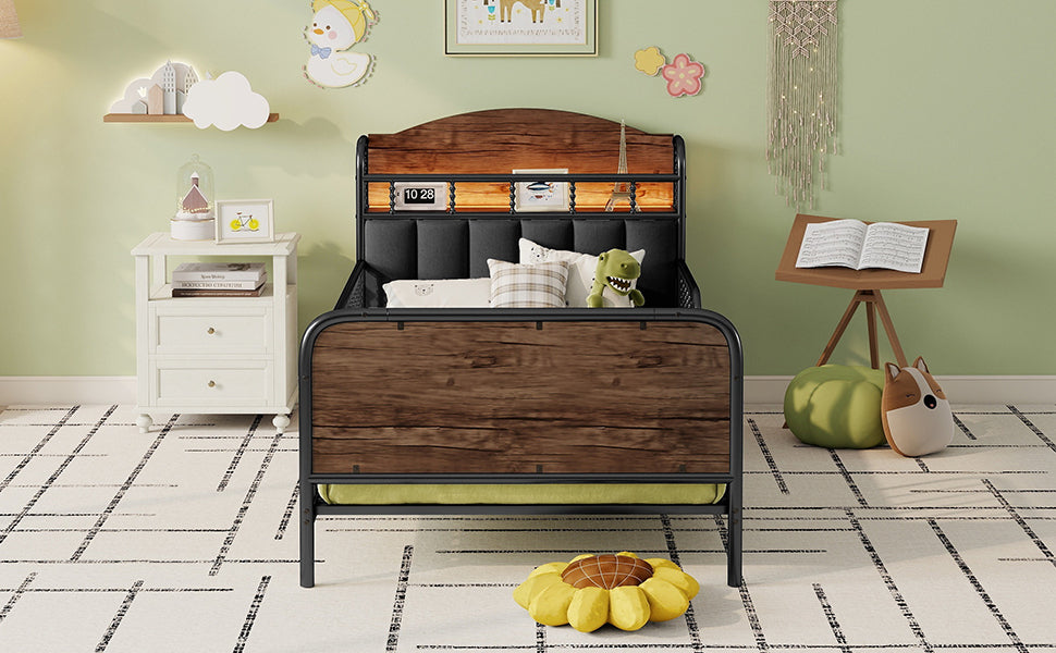 Twin Size Metal Platform Bed Frame with Light, Kids Twin Metal Bed with Upholstered and Storage Headboard, Black (Expect Arrival Date 2025/10/5)