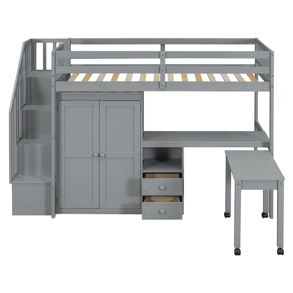 Twin Size Loft Bed with Stairs, Bookshelf, Drawers, Desk & Wardrobe – Space-Saving Multifunctional Furniture for Kids & Teens-Gray