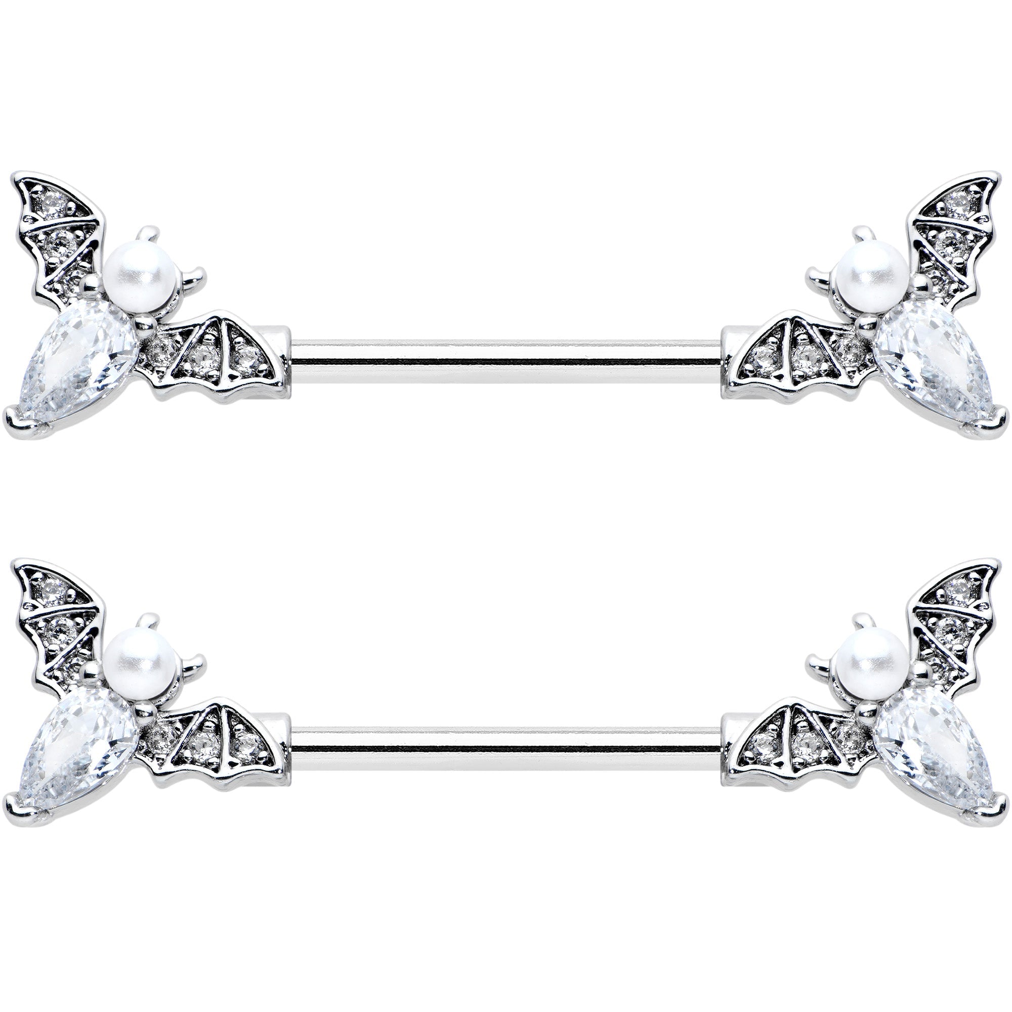 14G 9/16 Clear Gem Flying Bats Halloween Barbell Nipple Ring Set